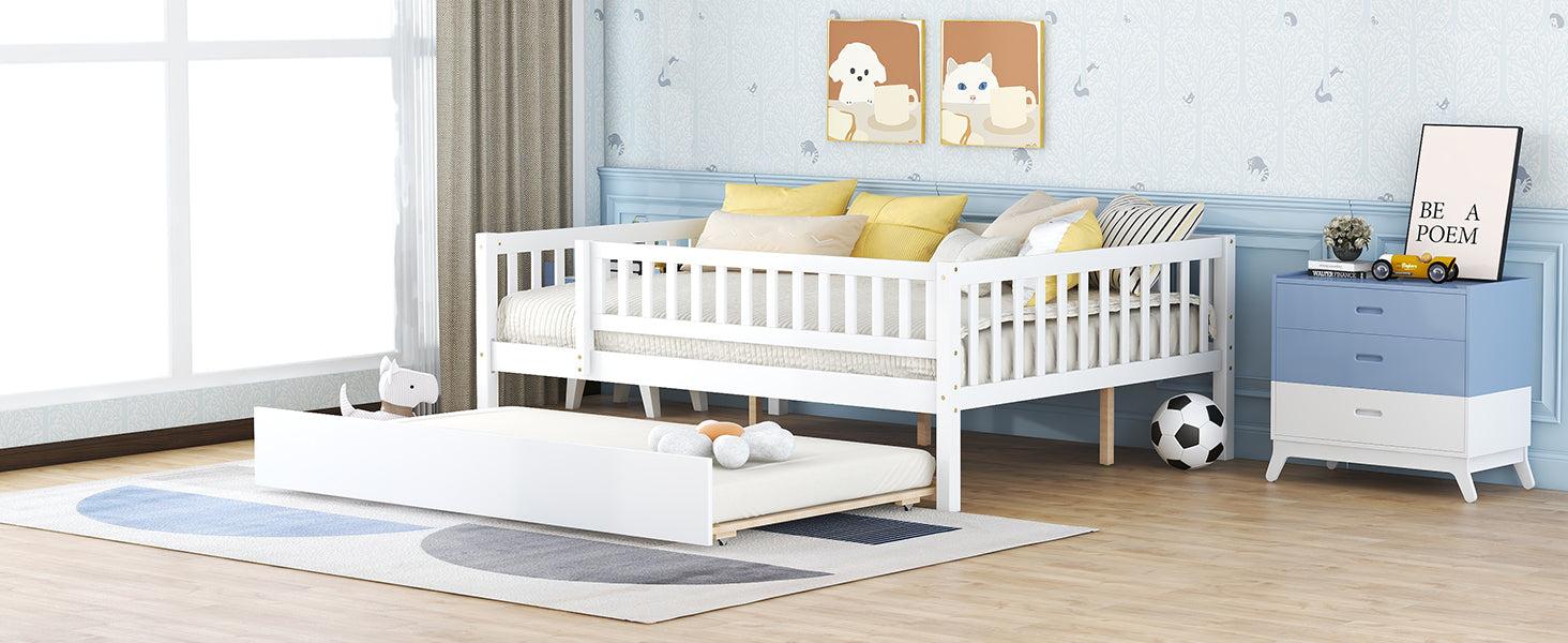 Full Size Wood Daybed with Trundle and Fence Guardrails, White