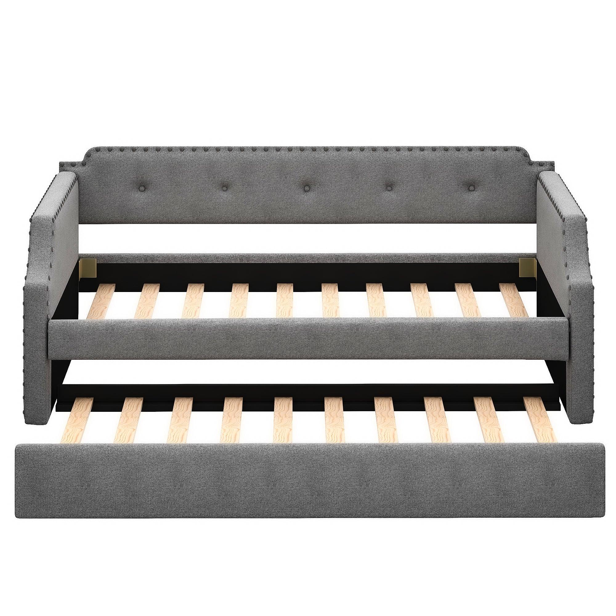 Upholstered Daybed with Trundle, Wood Slat Support,Upholstered Frame Sofa Bed , Twin,Gray