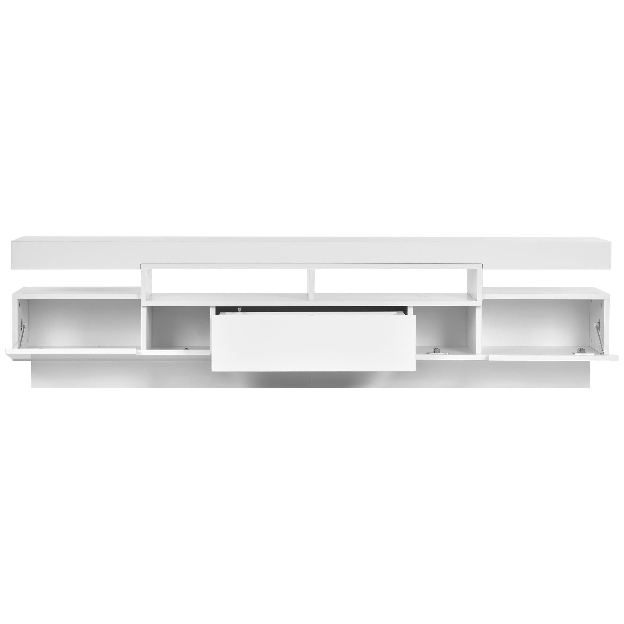 TV Stand with 4 Open Shelves,Modern High Gloss Entertainment Center for 75 Inch TV, Universal TVStorage Cabinet with 16-color RGB LED Color Changing Lights, White