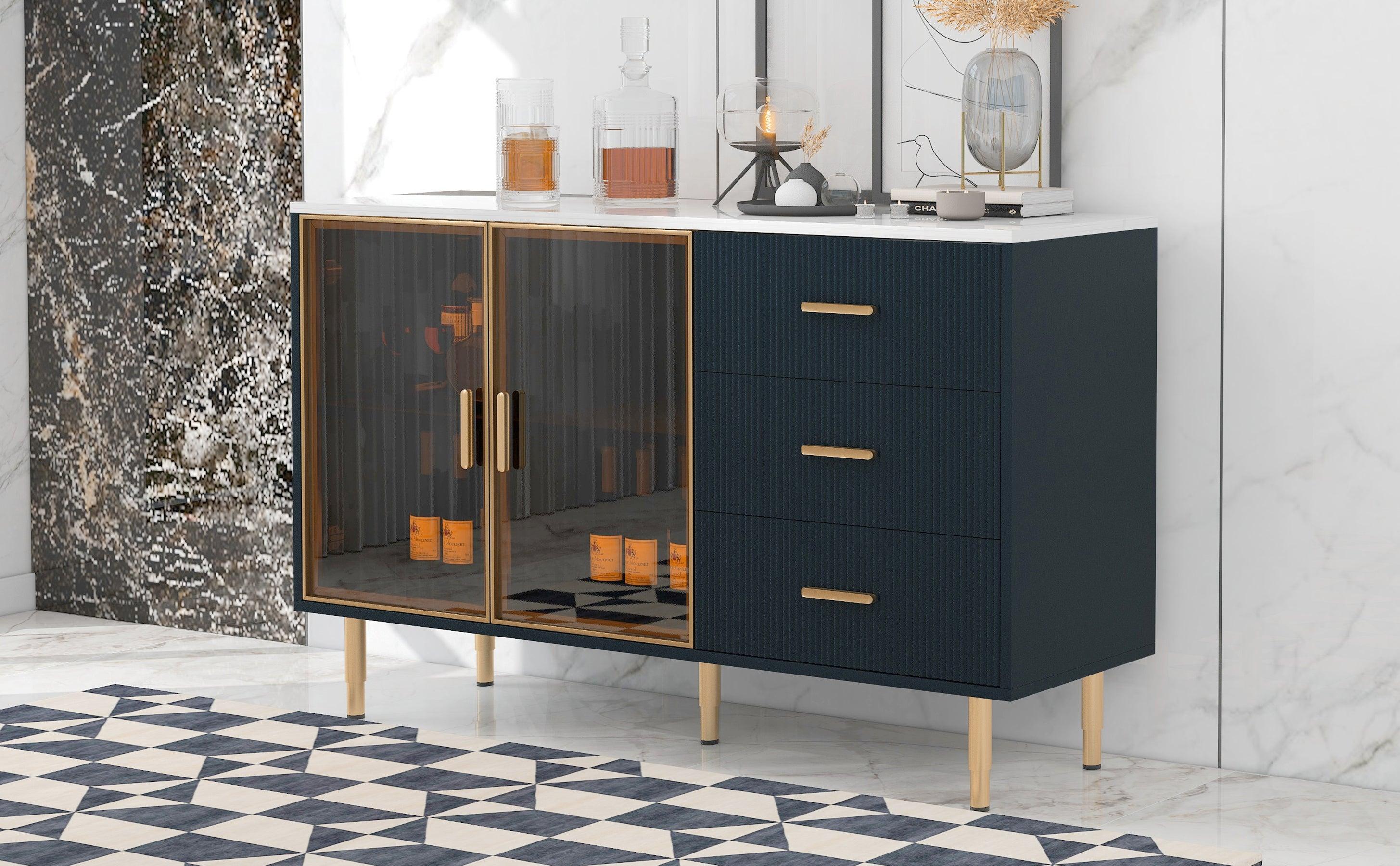 Modern Sideboard MDF Buffet Cabinet Marble Sticker Tabletop and Amber-yellow Tempered Glass Doors with Gold Metal Legs & Handles (Navy Blue)