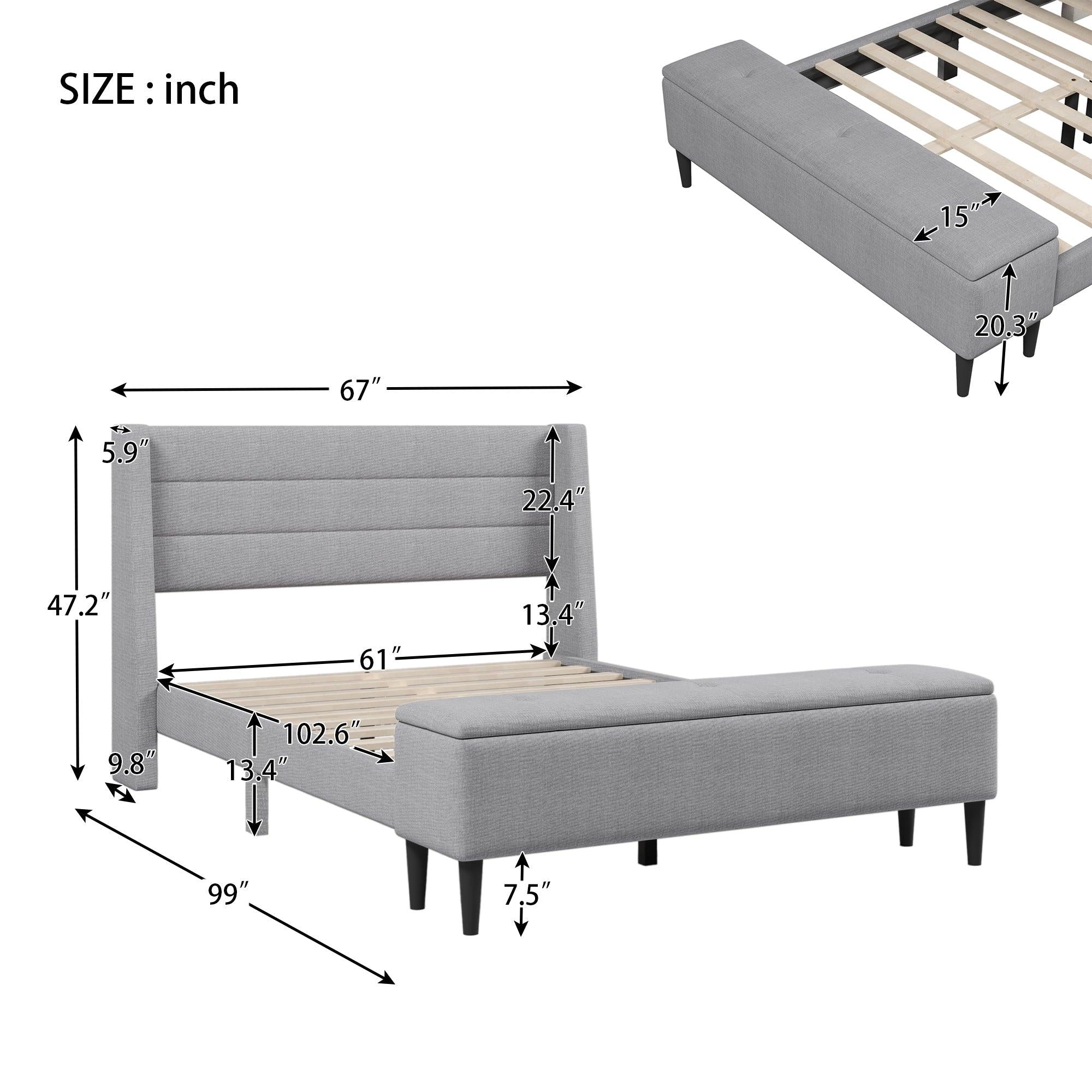 3 Pieces Gray Queen UpholsteredStorage Bed Frame withStorage Ottoman Bench and Two Nightstands