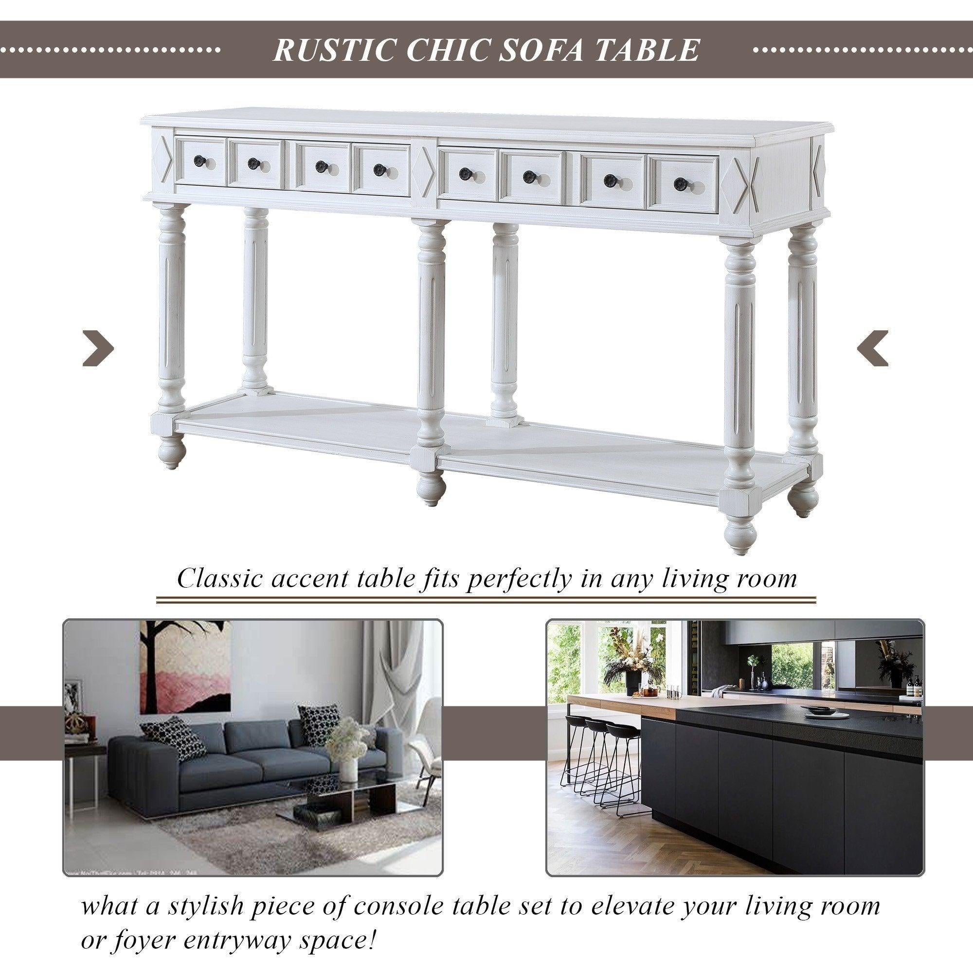 Retro Console Table Entryway Table 58" Long Sofa Table with 2 Drawers in Same Size and Bottom Shelf forStorage (Antique White)