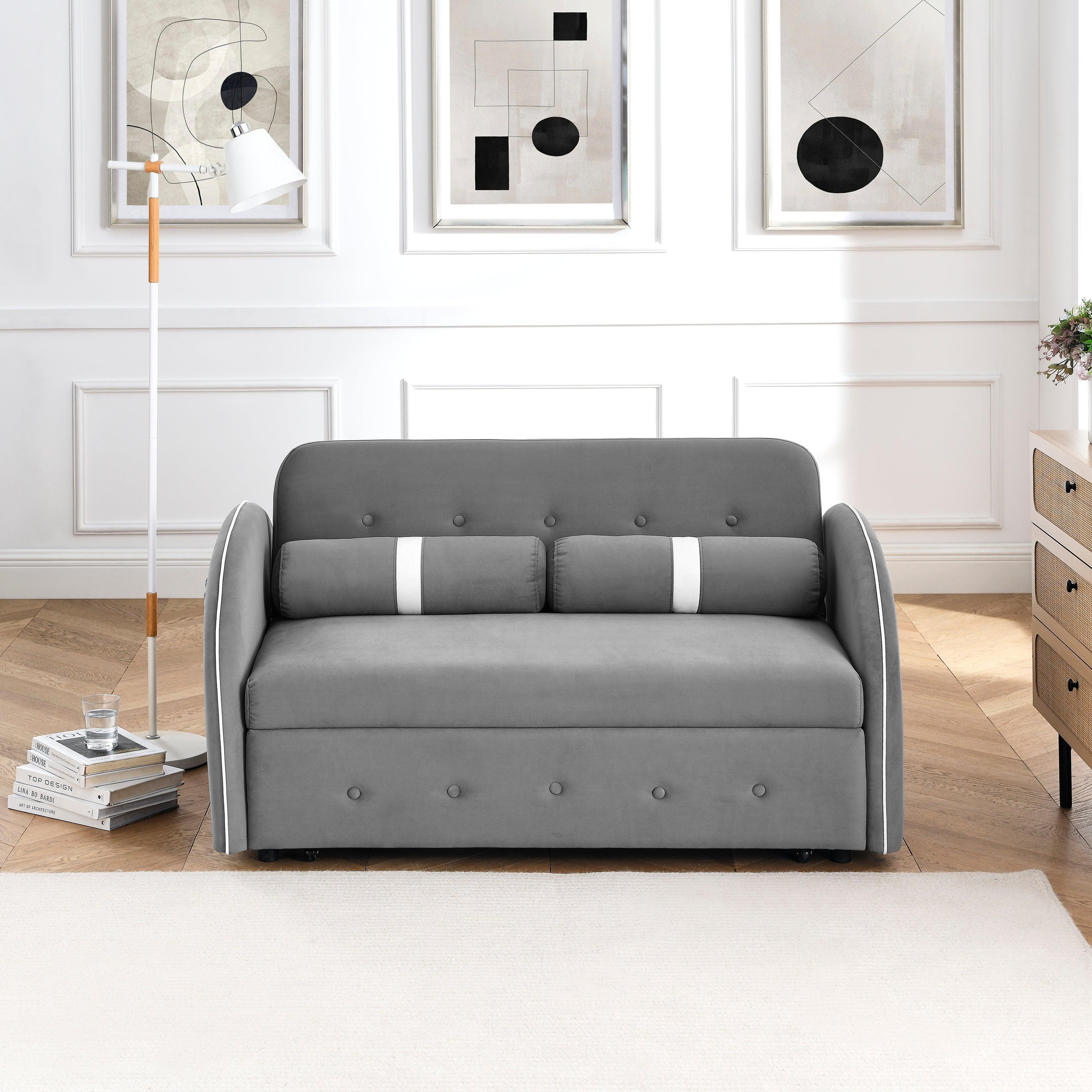 Modern 55.5" Pull Out Sleep Sofa Bed 2 Seater Loveseats Sofa Couch with side pockets, Adjsutable Backrest and Lumbar Pillows for Apartment Office Living Room