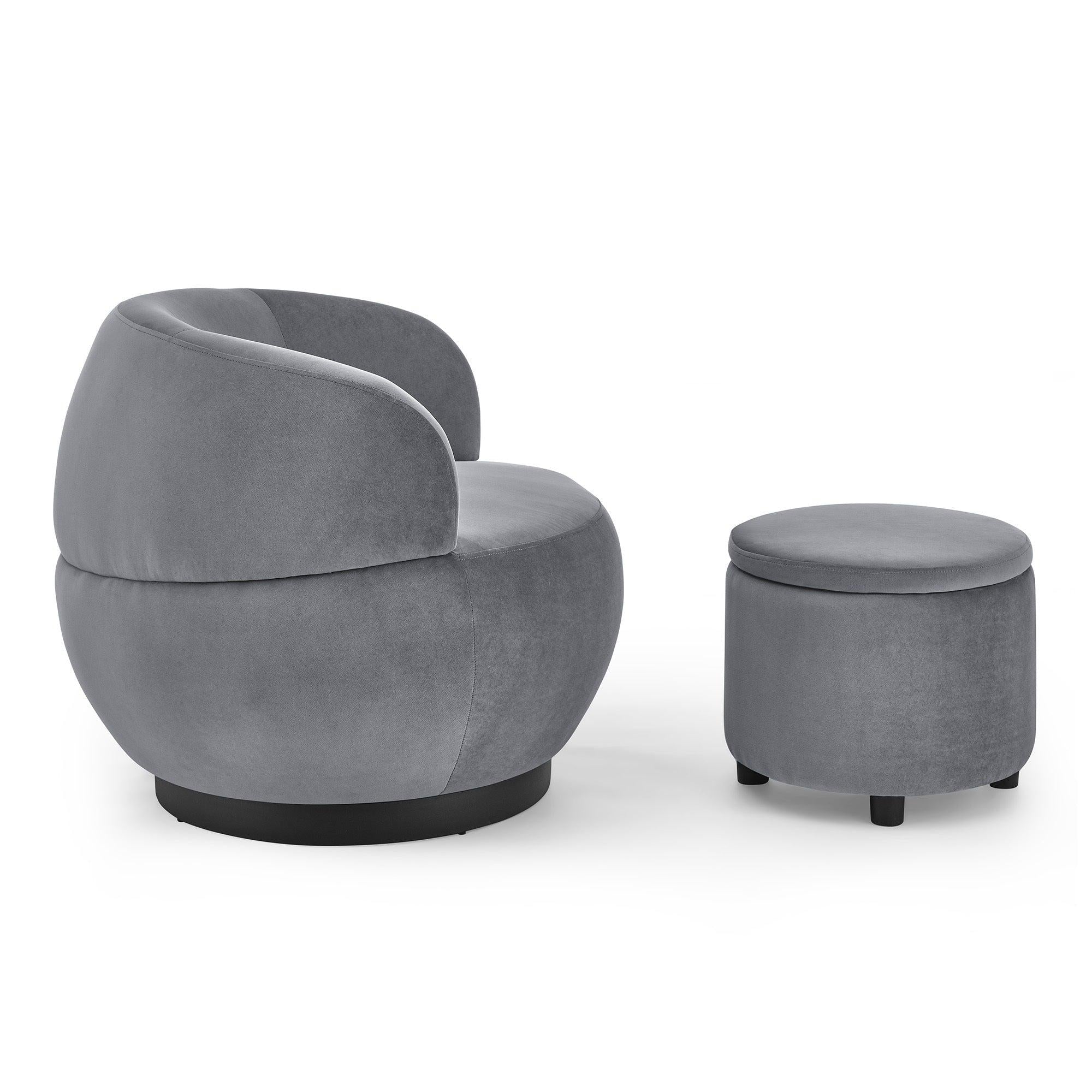 Swviel Barrel Chair with Black Stainless Steel Base, withStorage Ottoman, Velvet, Grey