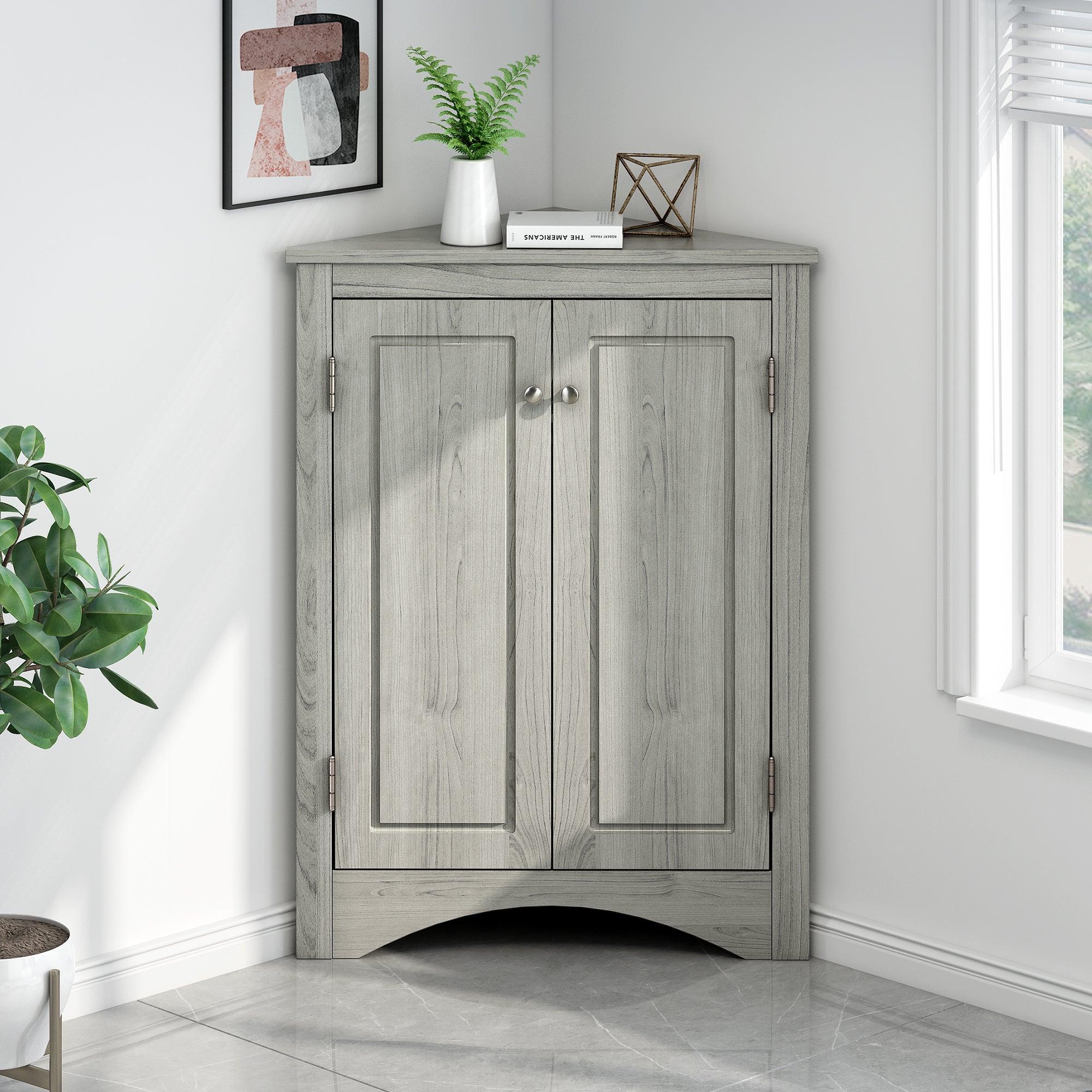 Oak Triangle BathroomStorage Cabinet with Adjustable Shelves, Freestanding Floor Cabinet for Home Kitchen