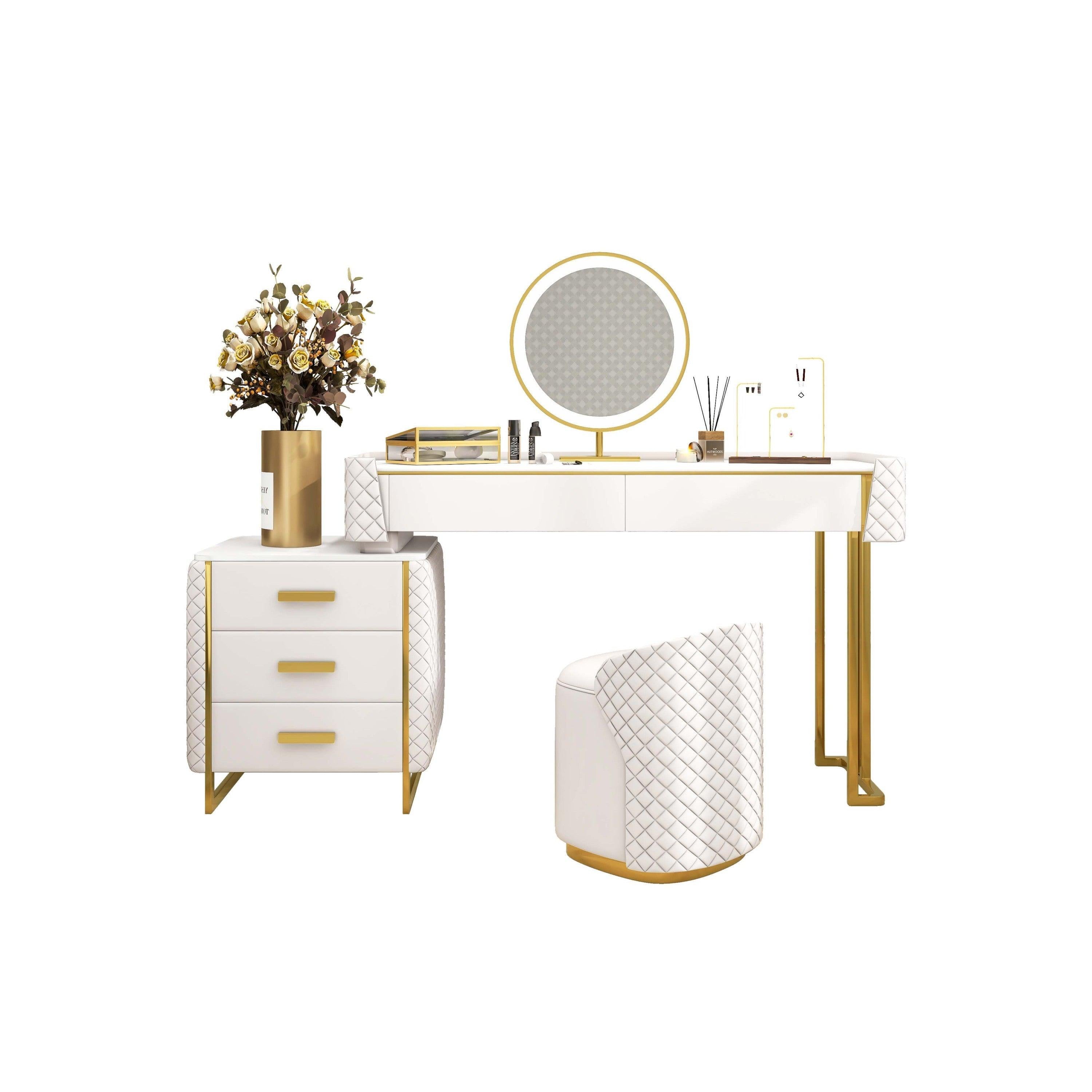 Makeup Vanity Set with LED Lighted Mirror, 5 Drawers,Modern Dressing Table Sintered Stone, Stool, For Bedroom,31.49''