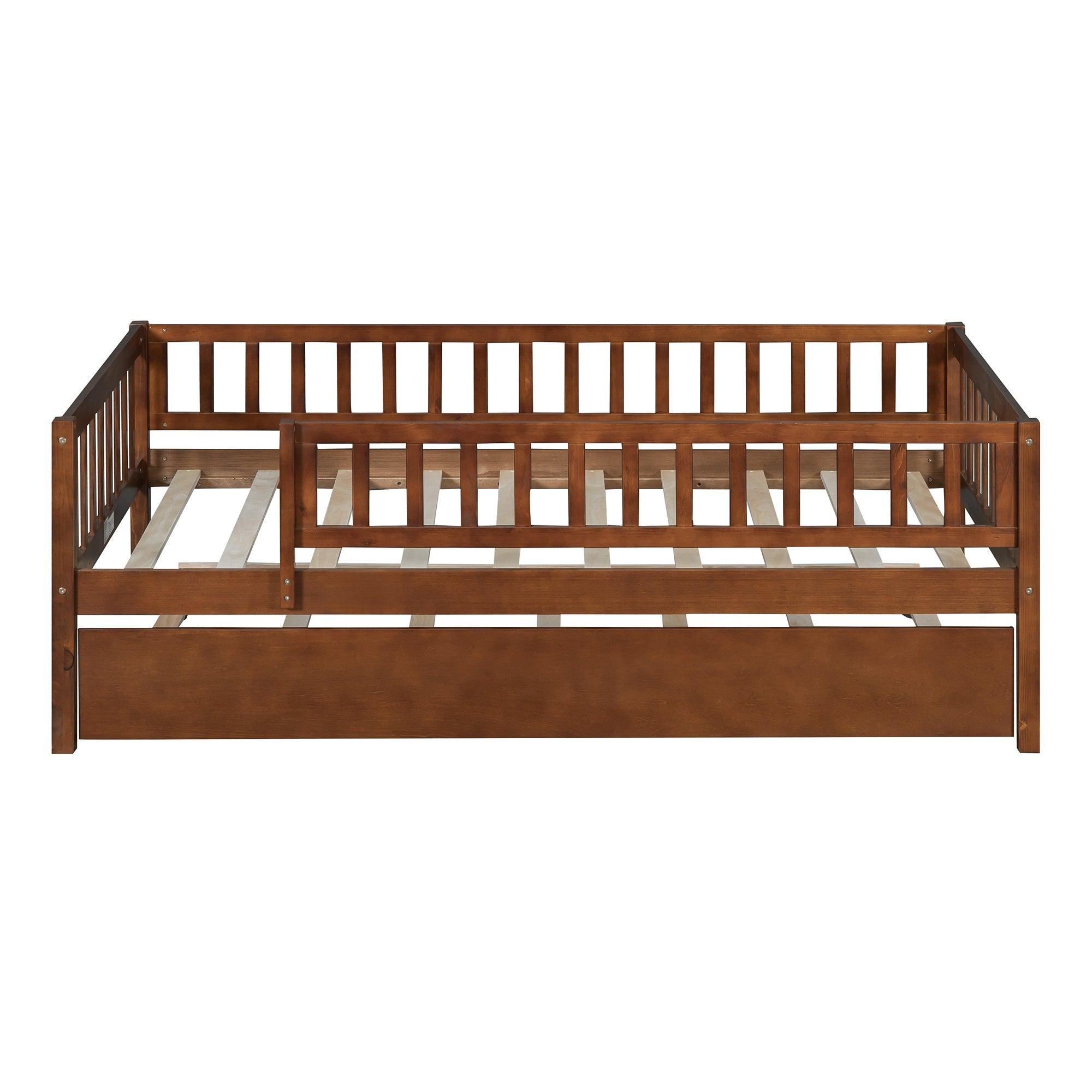 Twin Size Wood Daybed with Trundle and Fence Guardrails, Walnut