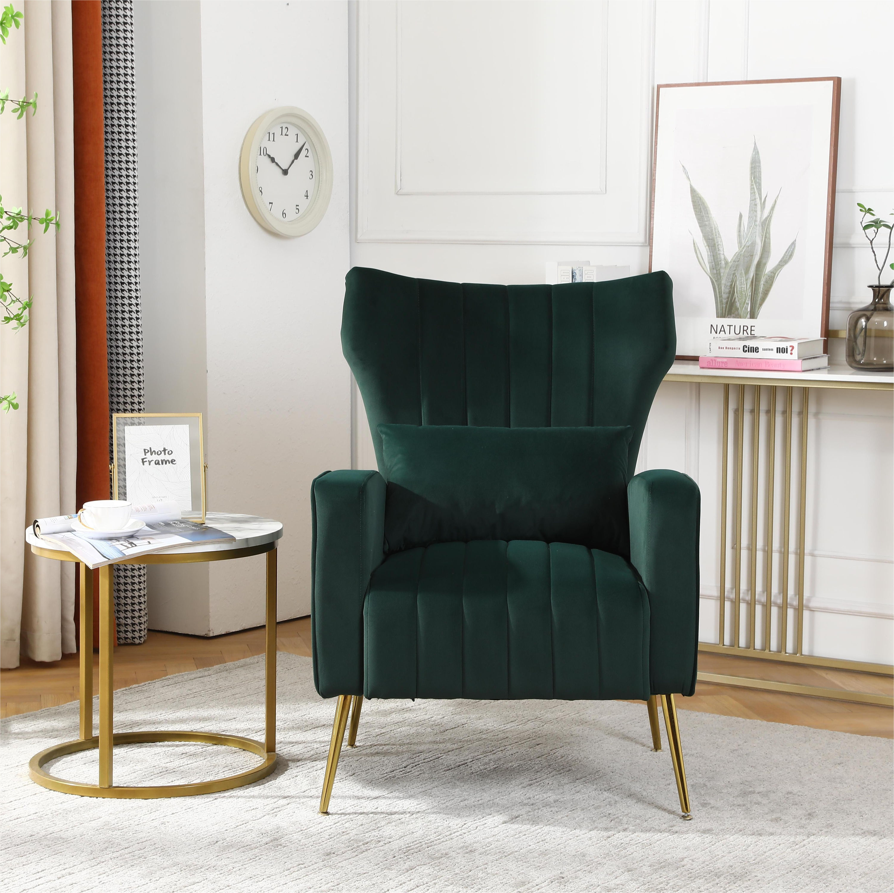 Velvet Accent Chair,Modern Living Room Armchair Comfy Upholstered Single Sofa Chair for Bedroom Dorms Reading Reception Room with Gold Legs & Small Pillow, Dark Green