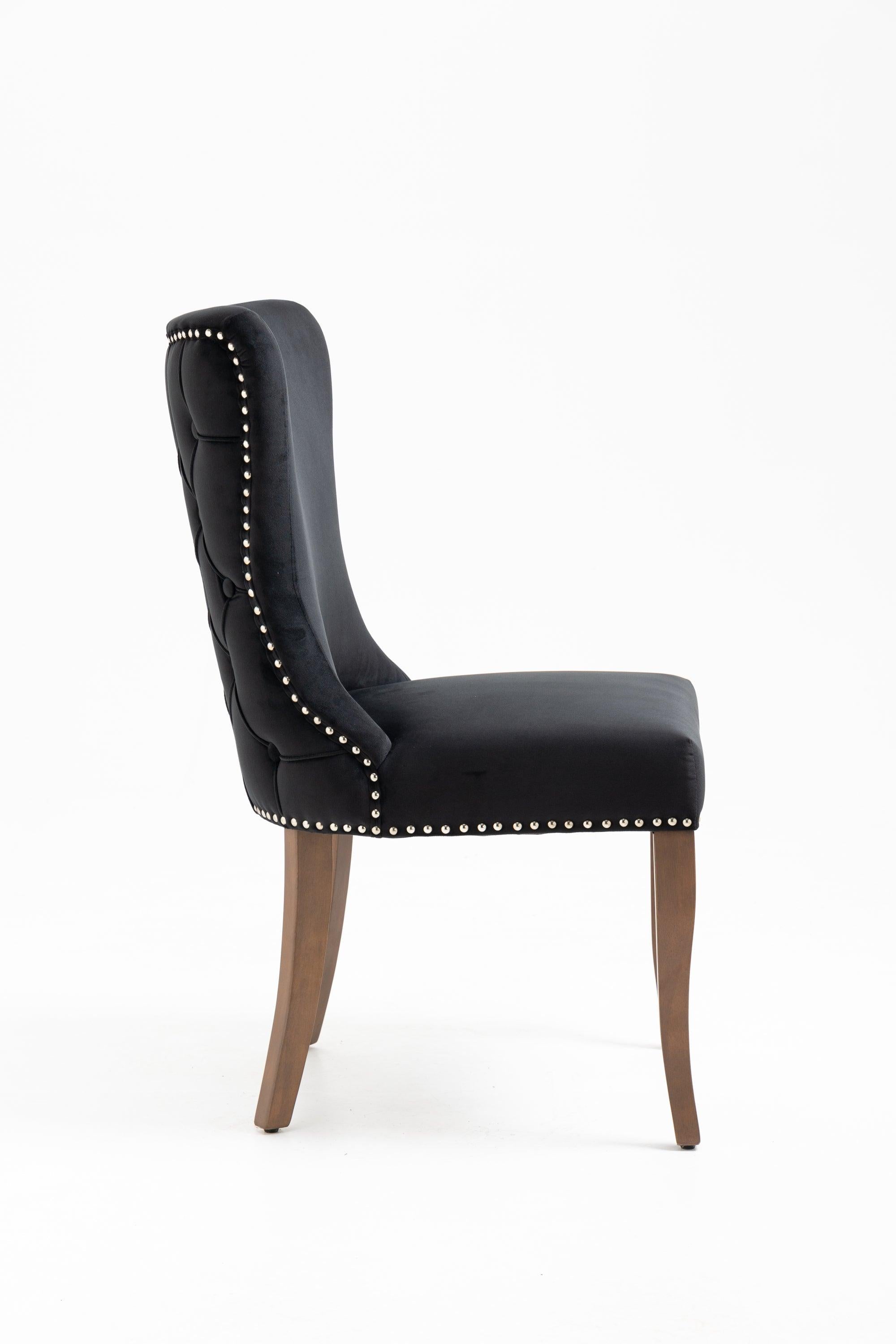 Set of 2 Velvet Upholstered Dining chair with Designed Back and Nailhead trim and Solid Wood Legs BLACK