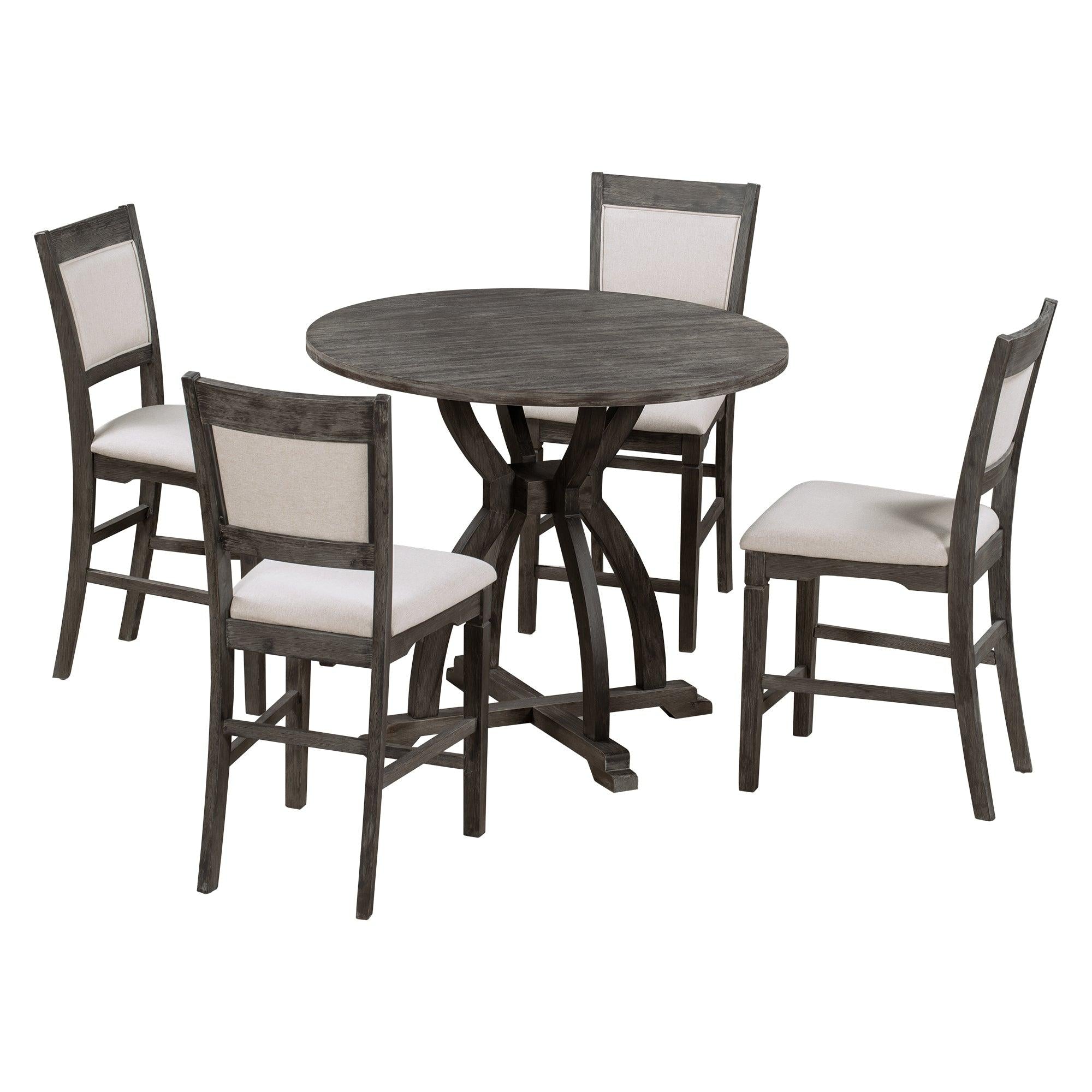 Farmhouse 5-Piece Round Dining Table Set with Trestle Legs and 4 Upholstered Dining Chairs for Small Place, Gray