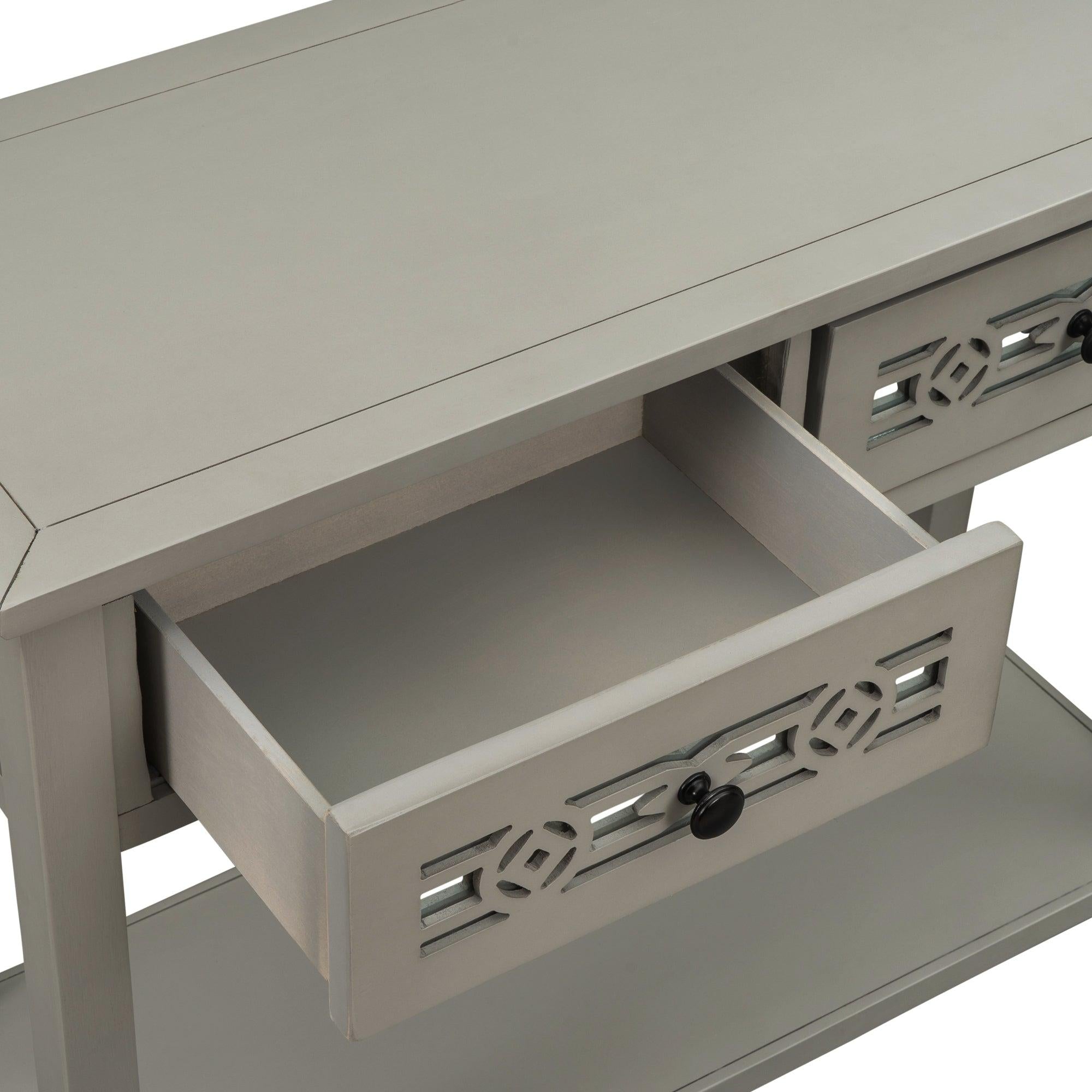 Classic Console Table with Hollow-out Decoration Two Top Drawers and Open Shelf LargeStorage Space (Silver)