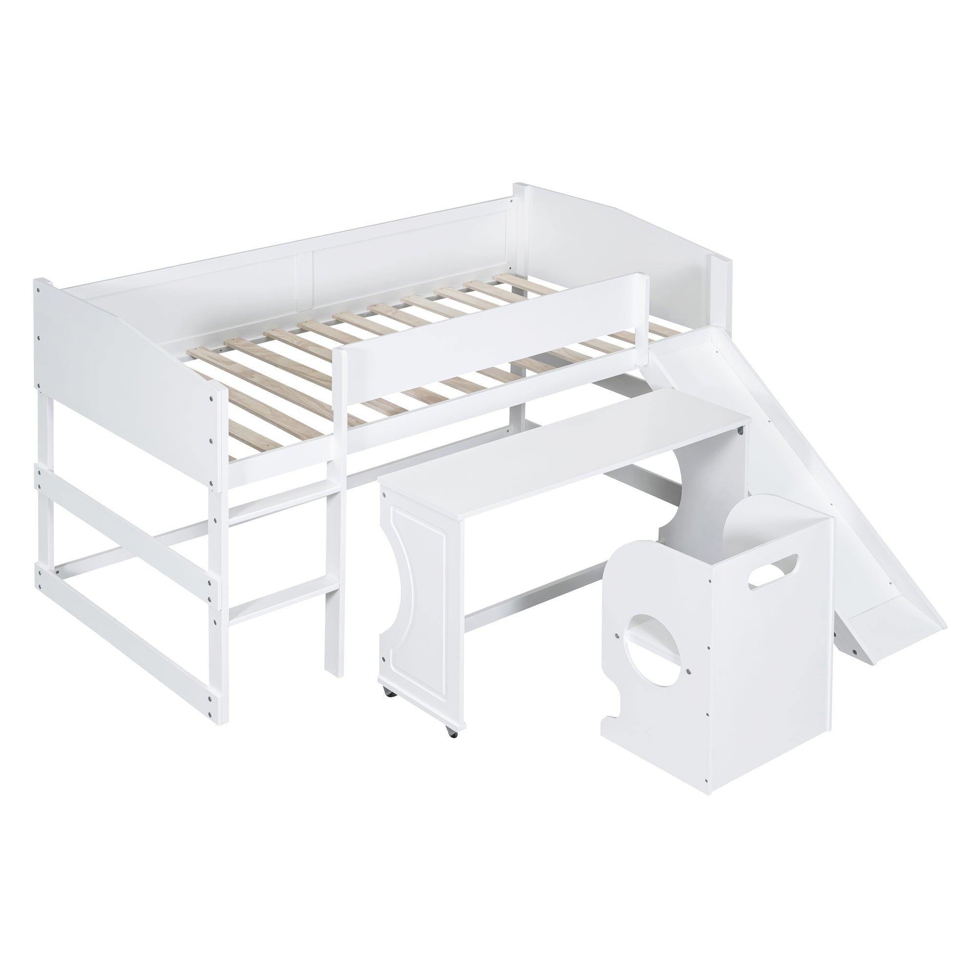 Low Study Twin Loft Bed with Rolling Portable Desk and Chair,Multiple Functions Bed- White