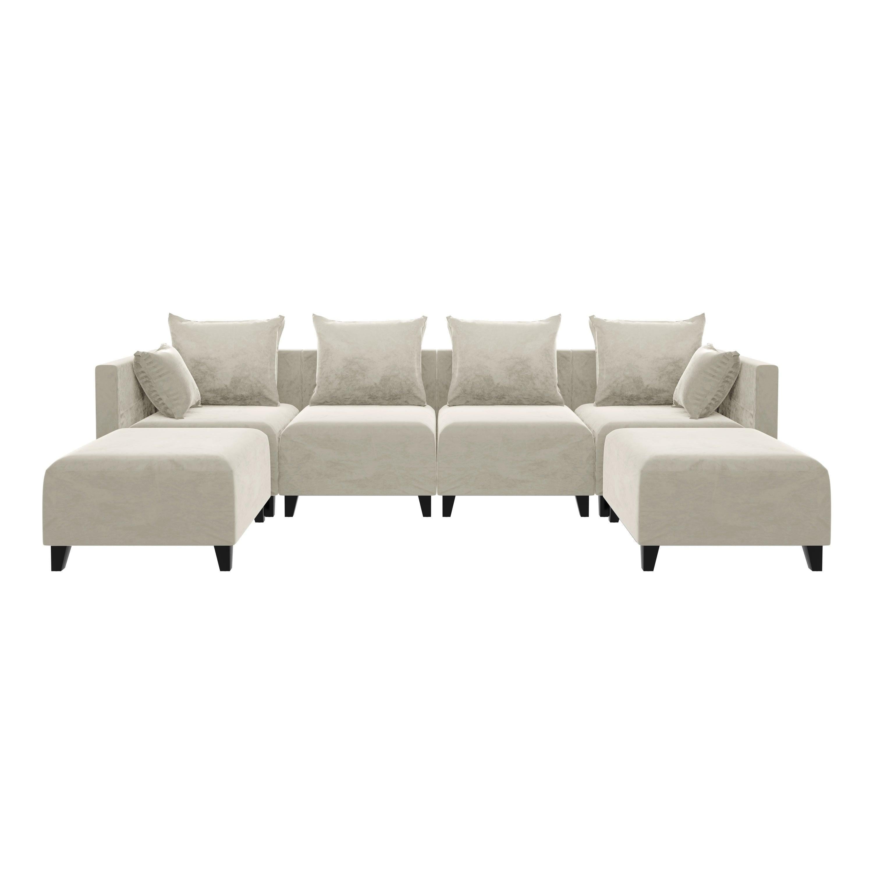 Sectional Sofa U shape Velvet Square Arm Sofa with 6 Pillows for Living Room, Beige with Black Foot