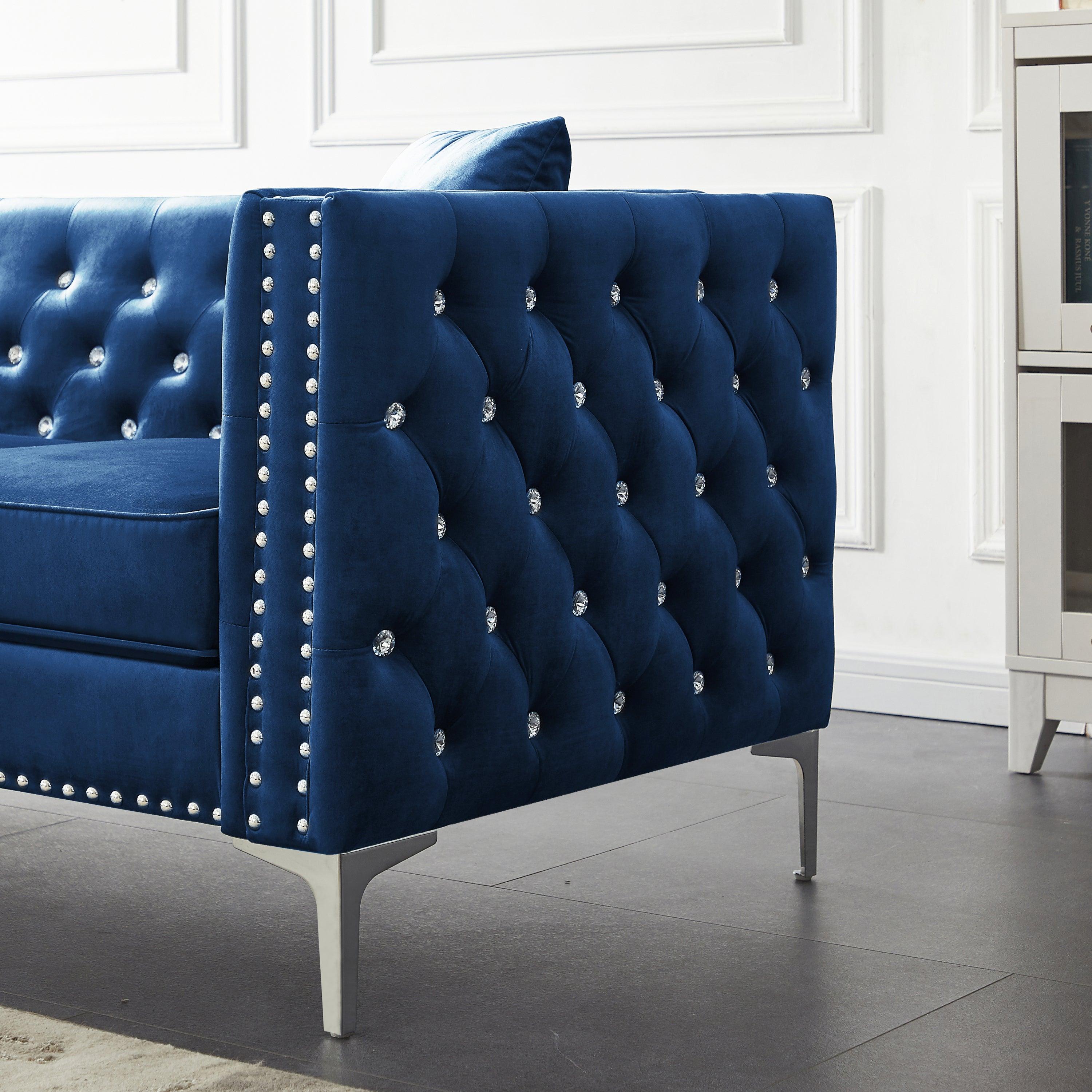 82.3" WidthModern Velvet Sofa Jeweled Buttons Tufted Square Arm Couch Blue,2 Pillows Included