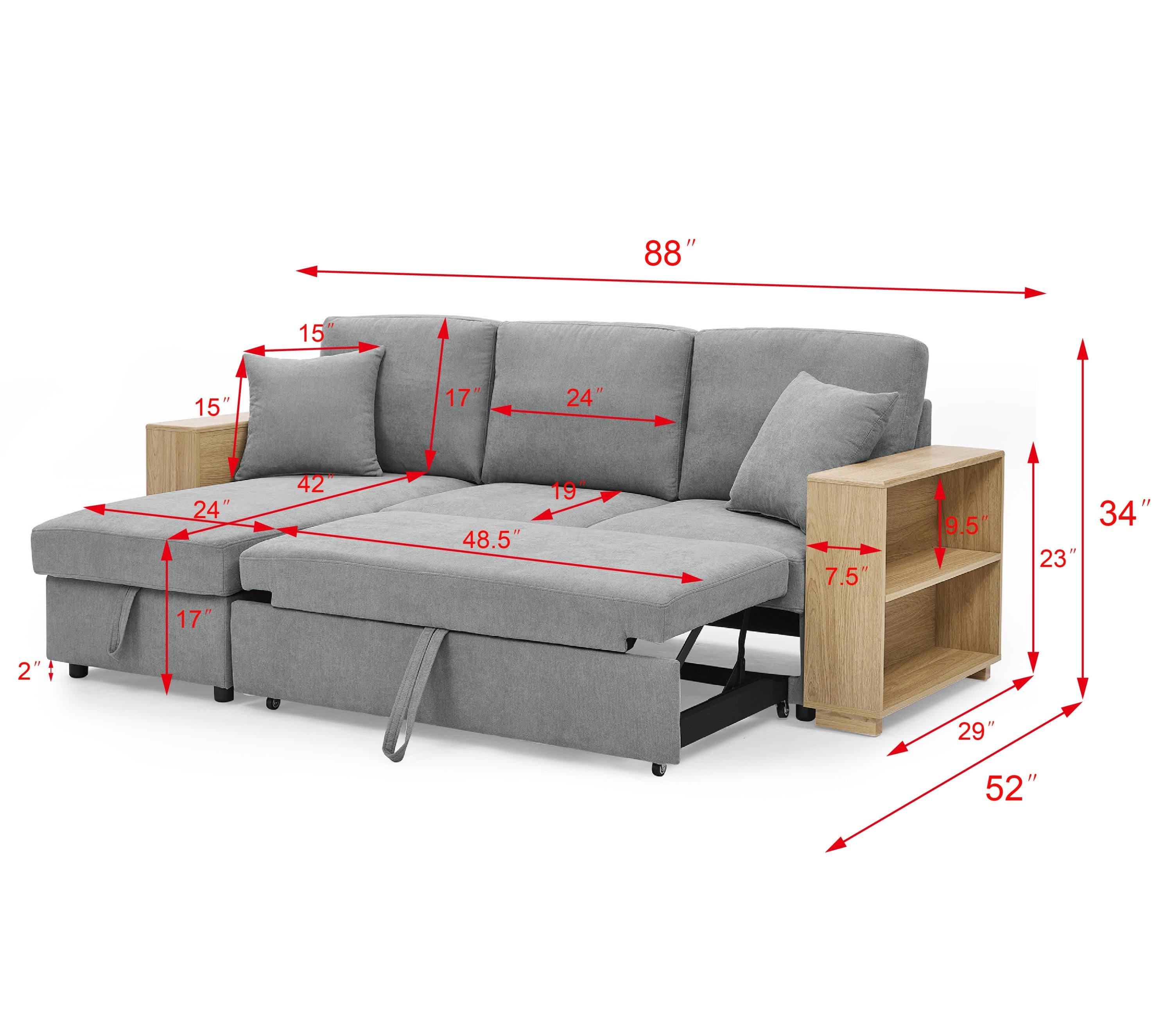 Sectional Sofa with Pulled Out Bed, 2 Seats Sofa and Reversible Chaise withStorage, MDF Shelf Armrest, Two Pillows, Grey, (88" x52" x 34")