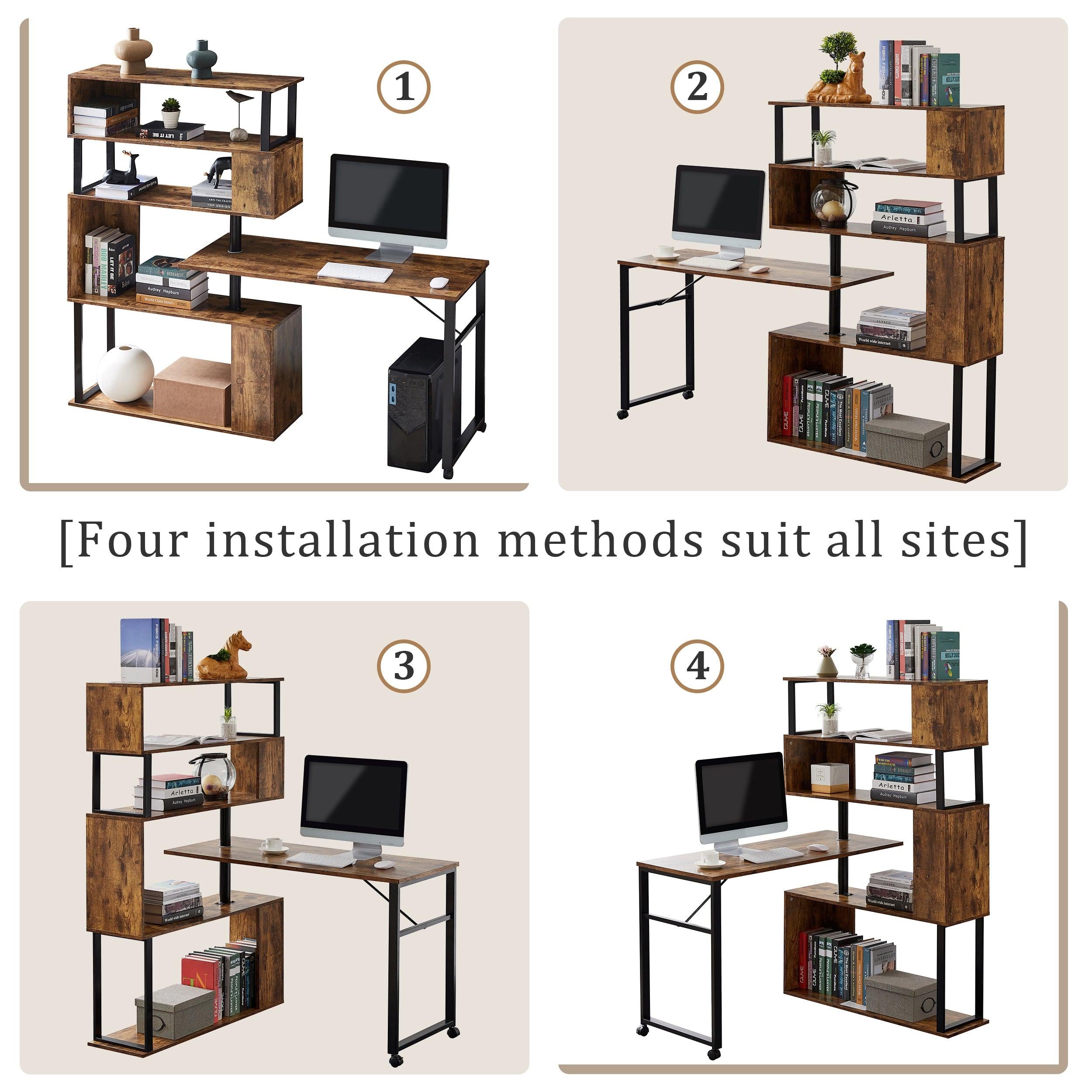 Home Office Computer Desk L-Shaped Corner Table, Rotating Computer Table with 5-Tier Bookshelf, Four Installation Methods, Lockable Casters (Tiger)