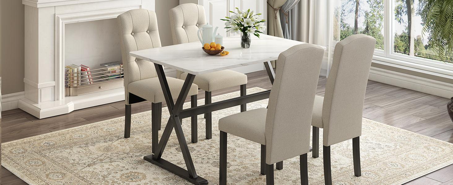 Solid Wood 5-Piece Dining Table Set with Faux Marble Tabletop and Upholstered Dining Chairs for 4, Faux Marble White+Beige