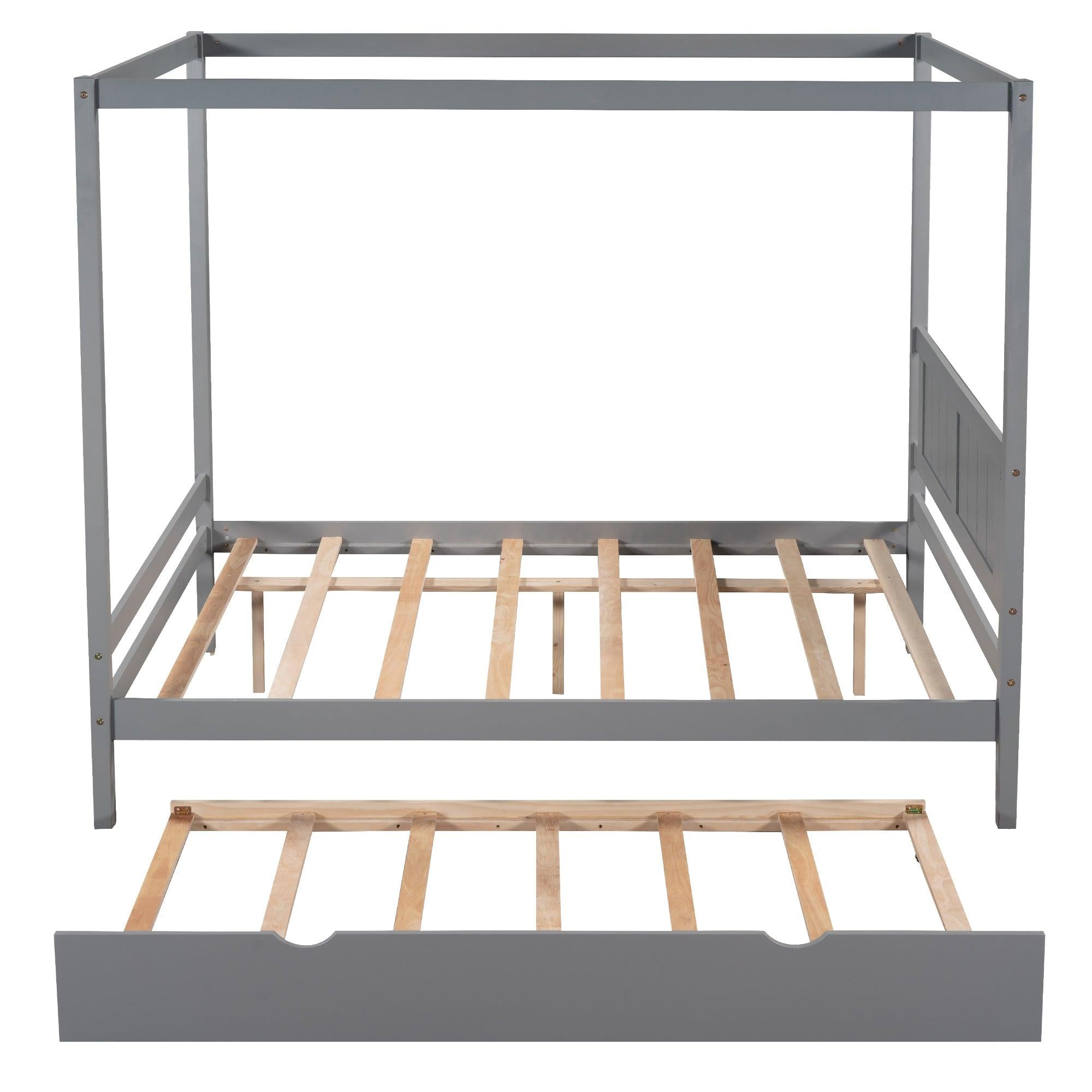 Full Size Canopy Platform Bed with Trundle,With Slat Support Leg,Gray