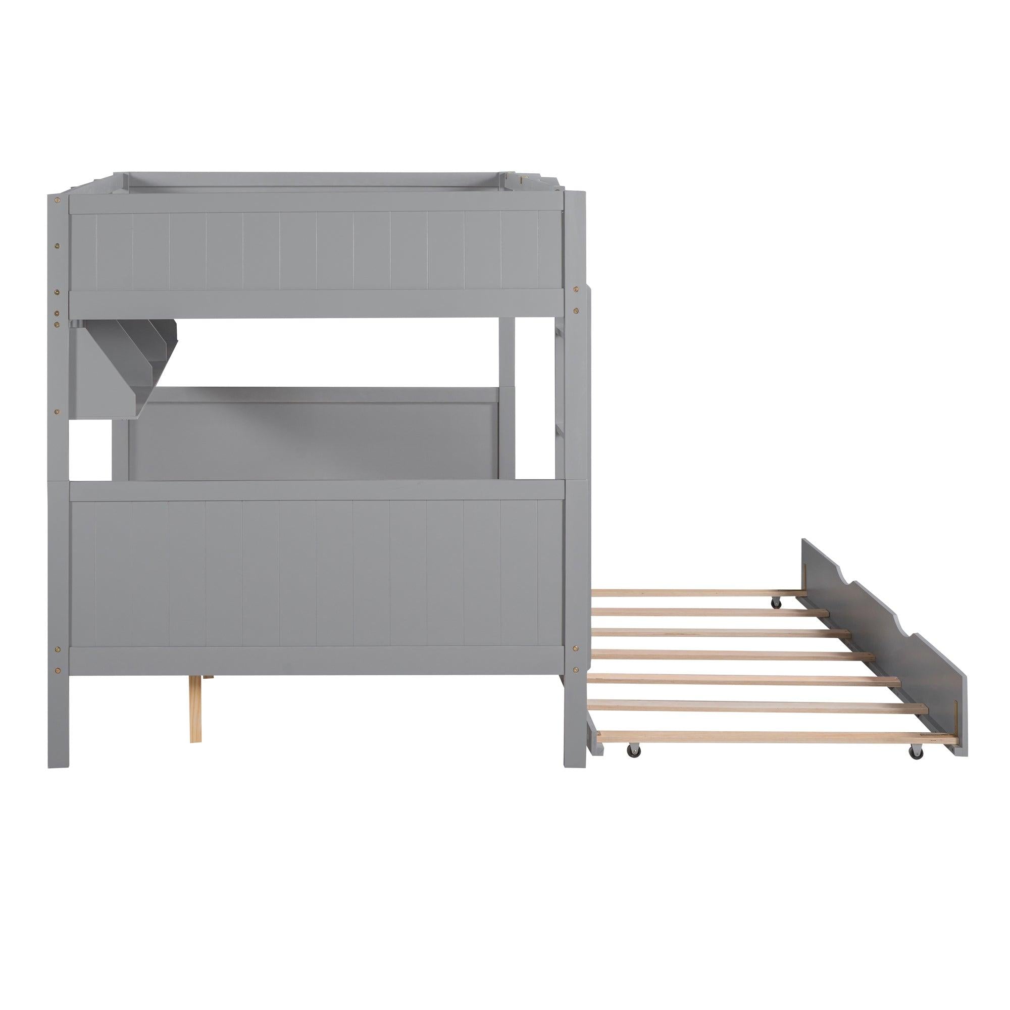 Full-Over-Full Bunk Bed with Twin size Trundle , Separable Bunk Bed with Bookshelf for Bedroom-Gray