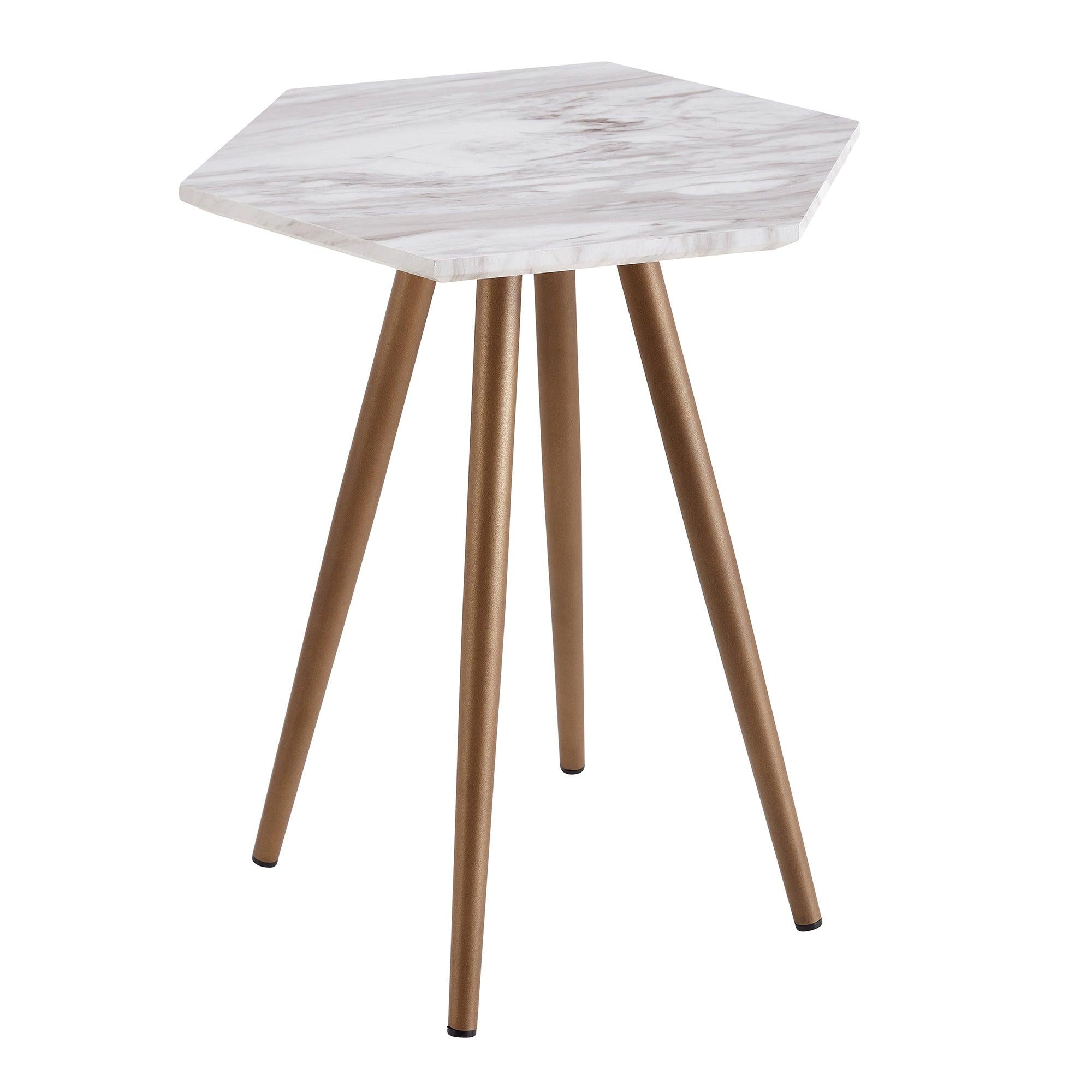 Modern Minimalism White Faux Marble End&Side Table, Small Accent Coffee Table with Dark ld Metal Legs, Hexan Nightstand for Living Room,Bedroom, Apartment Small Space ( MDF Tabletop + Metal Legs )