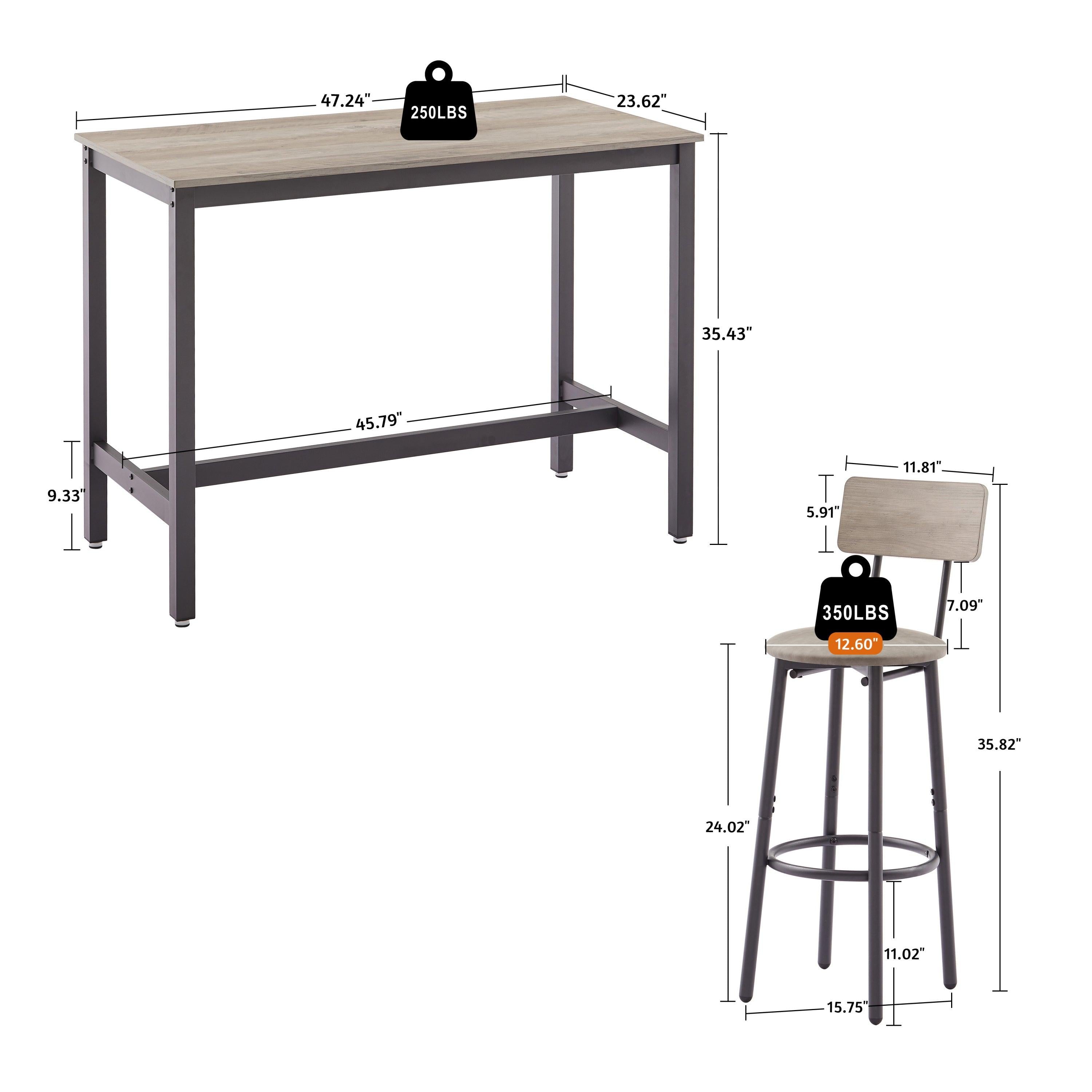 Bar Table Set with 4 Bar stools PU Soft seat with backrest (Grey，47.24’’w x 23.62’’d x 35.43’’h)