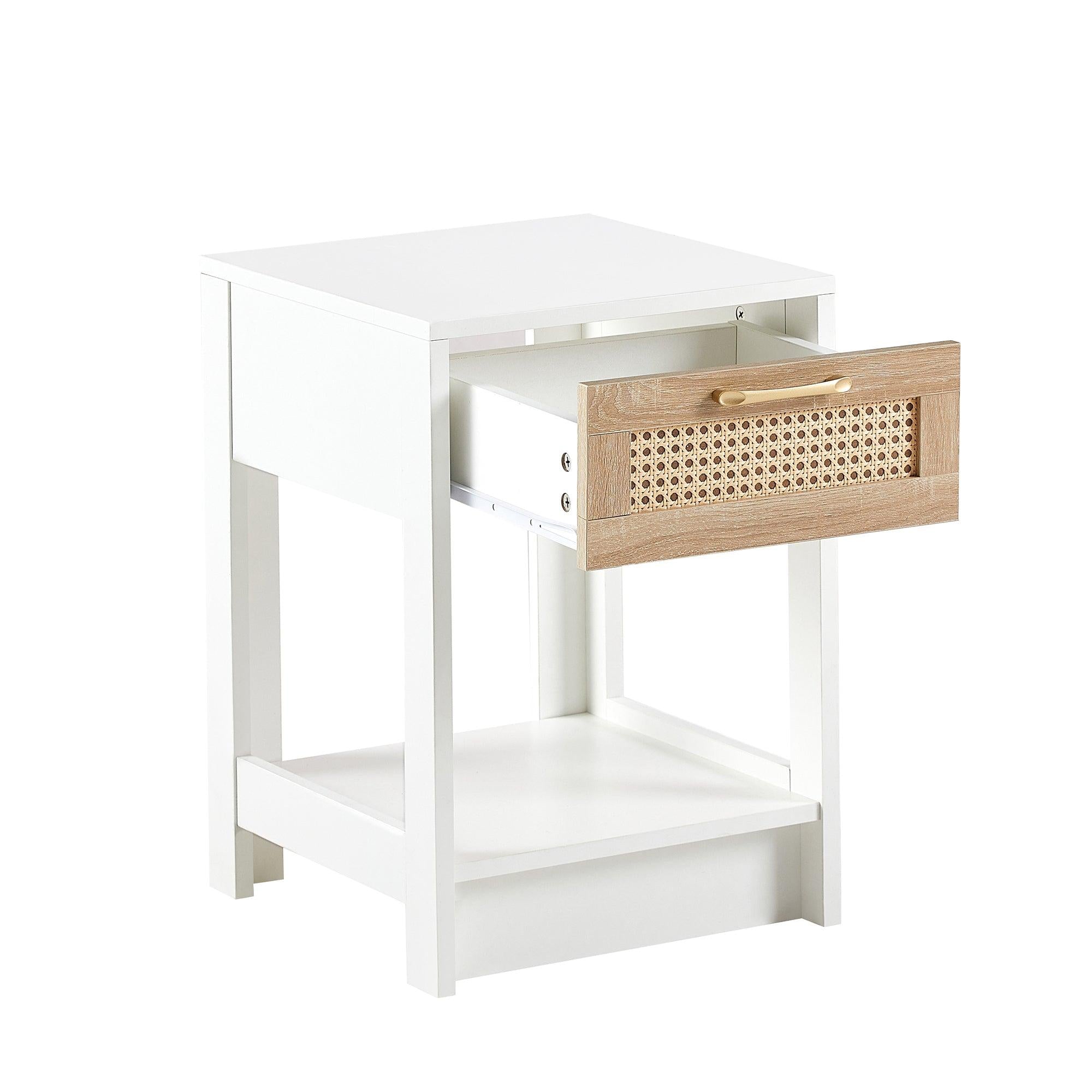 15.75" Rattan End table with  drawer,Modern nightstand, side table for living roon, bedroom,white