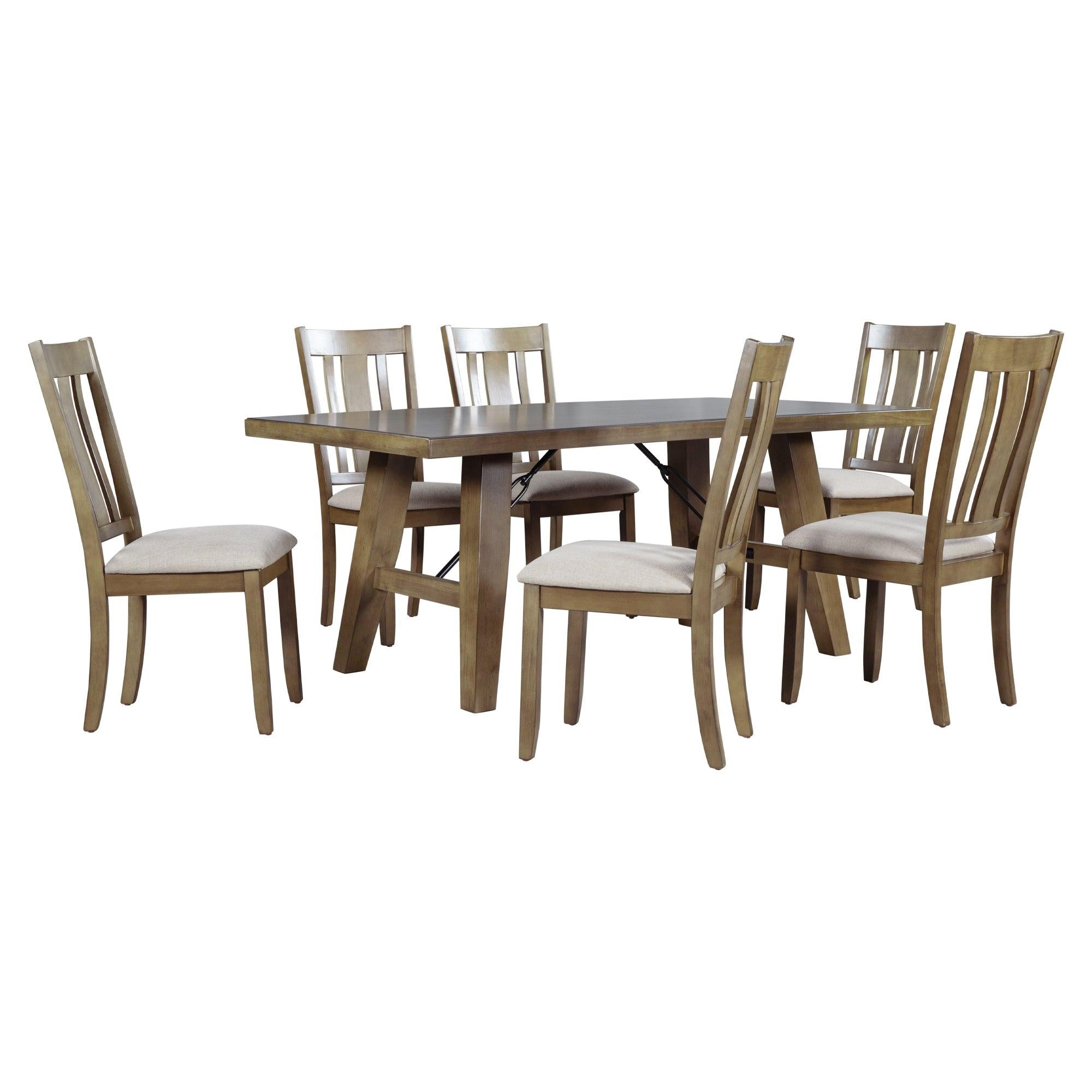 7-Piece Dining Room Set - 72" Industrial Style Rectangular Table with Chain Bracket and 6 Dining Chairs (Natural Walnut)