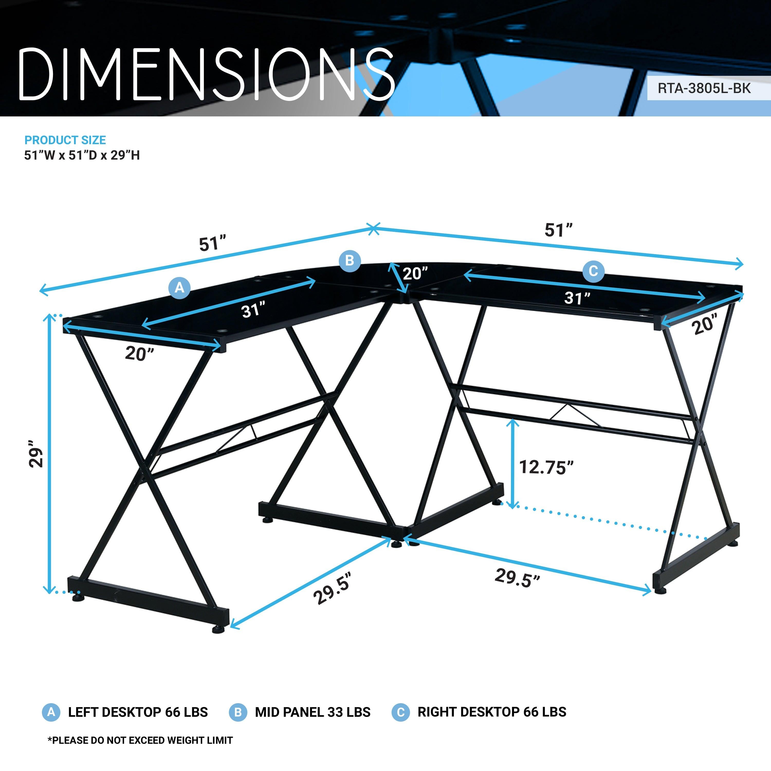 Techni Mobili L-Shaped Glass Computer Desk, Black