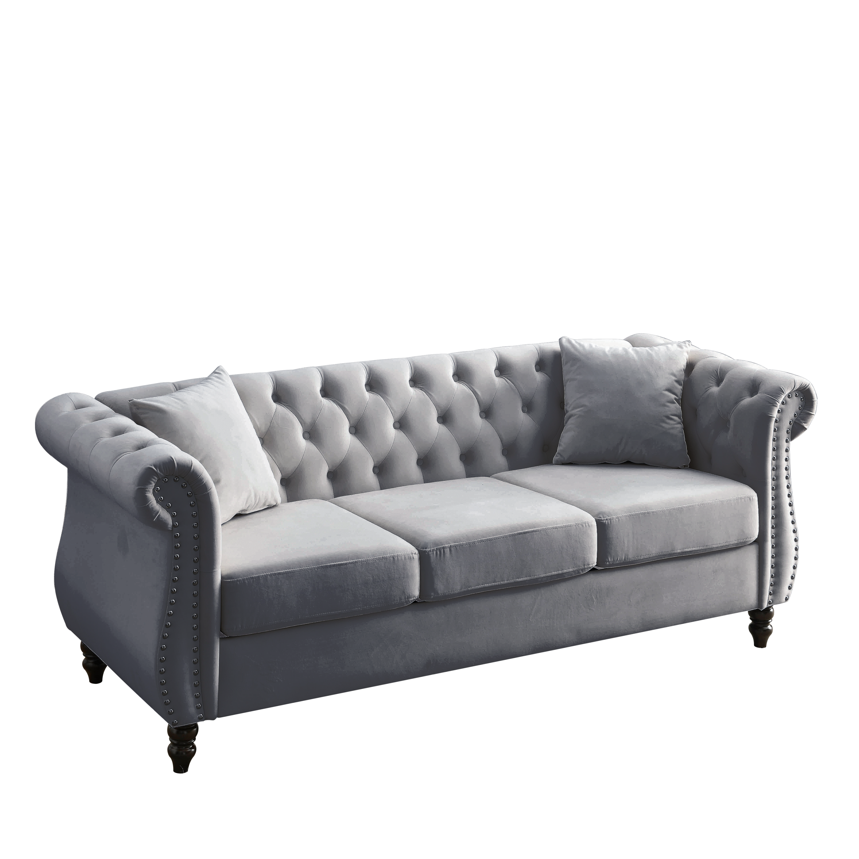 80" Chesterfield Sofa Grey Velvet for Living Room, 3 Seater Sofa Tufted Couch with Rolled Arms and Nailhead for Living Room, Bedroom, Office, Apartment, two pillows