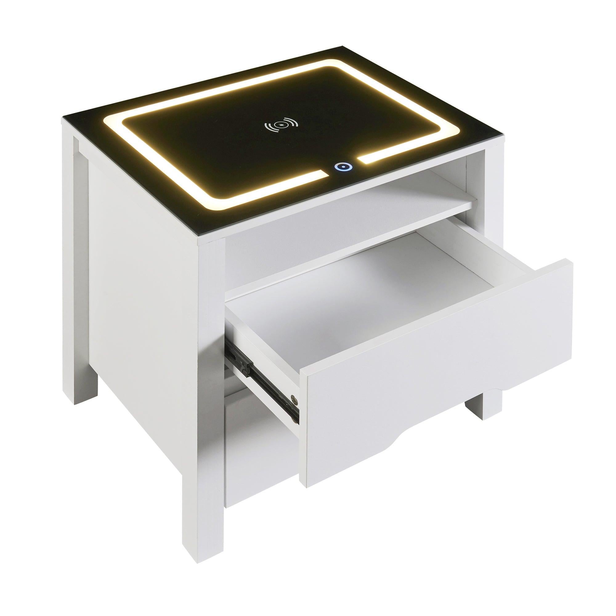 MultifunctionalStorage Nightstand with 2 Drawers and an open shelf, Wireless Charging with adjustable LED, White