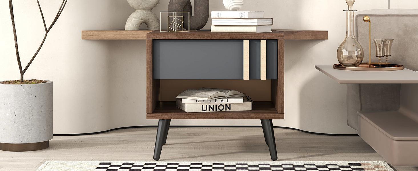 Wooden Nightstand with USB Charging Ports，End Table for Bedroom,Gray+Walnut