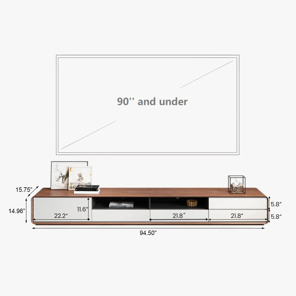 Modern Wood White TV Stand, Lowline Media Console with 4 Drawers, OpenStorage Cabinet,black dividers, Walnut Veneer, Fully-assembled,94"