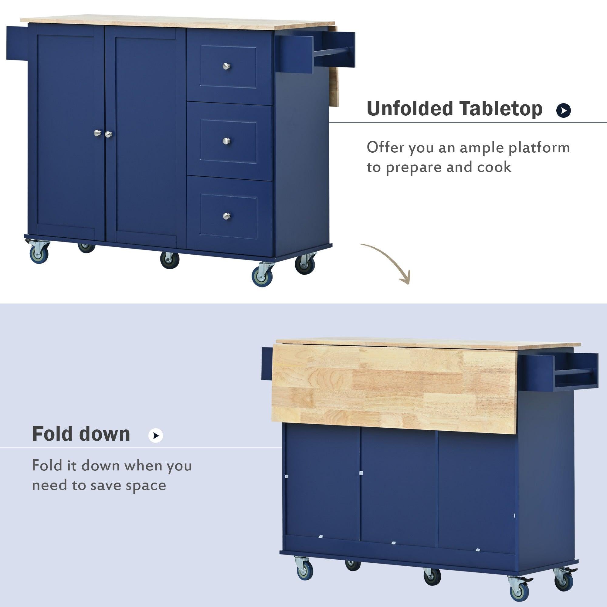 Rolling Mobile Kitchen Island with Drop Leaf - Solid Wood Top, Locking Wheels &Storage Cabinet 52.7 Inch Width（Dark blue）