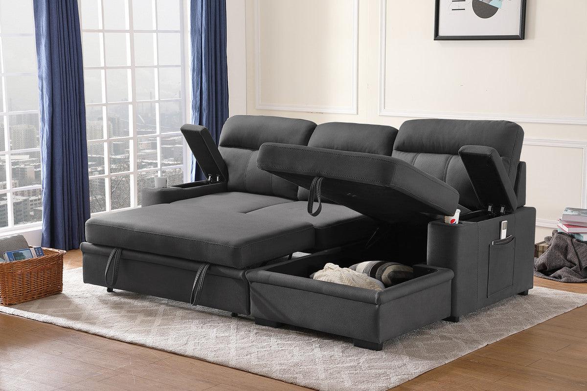 Kaden Gray Fabric Sleeper Sectional Sofa Chaise withStorage Arms and Cupholder