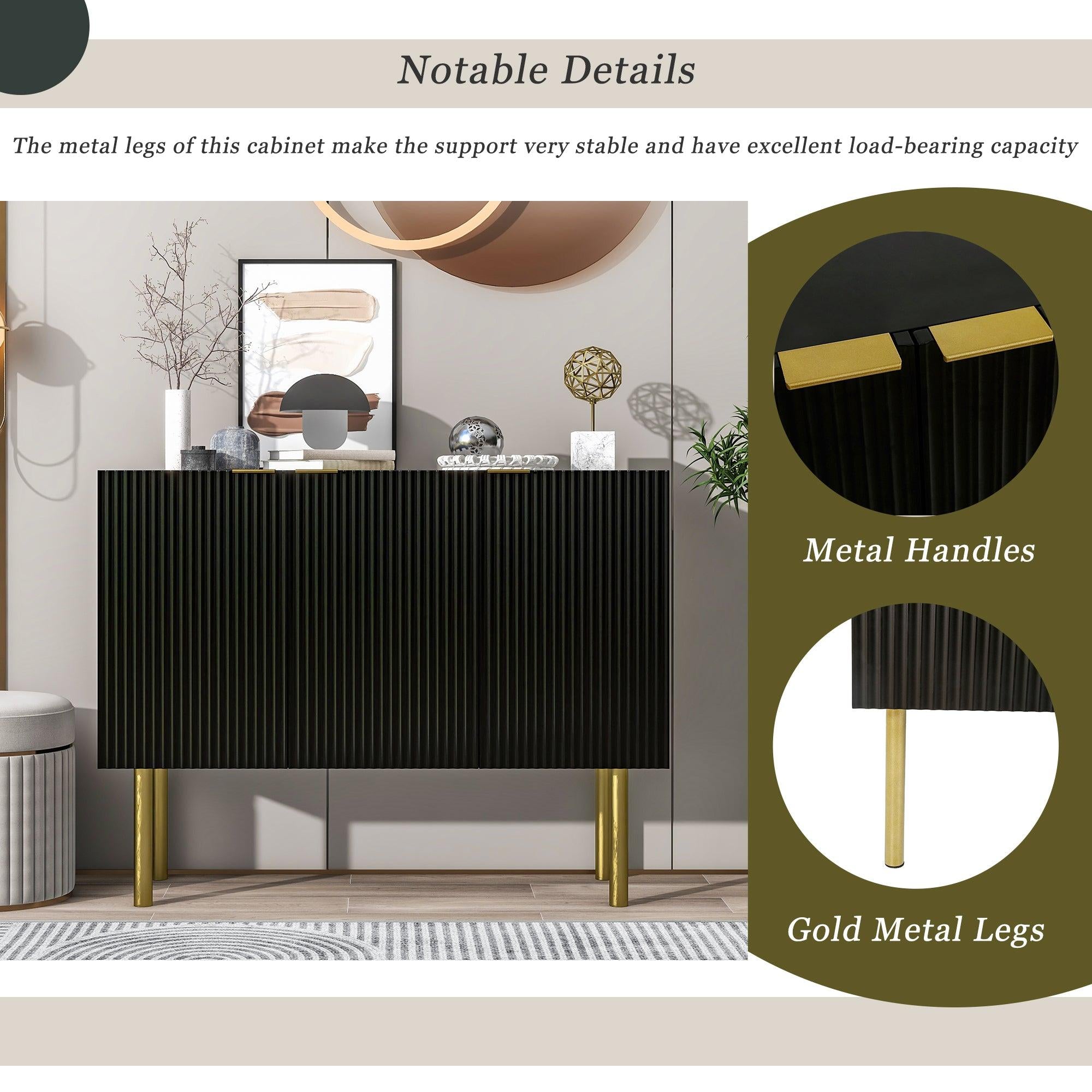 Modern Simple & Luxury Style Sideboard Particle Board & MDF Board Cabinet with Gold Metal Legs & Handles, Adjustable Shelves for Living Room, Dining Room (Black)