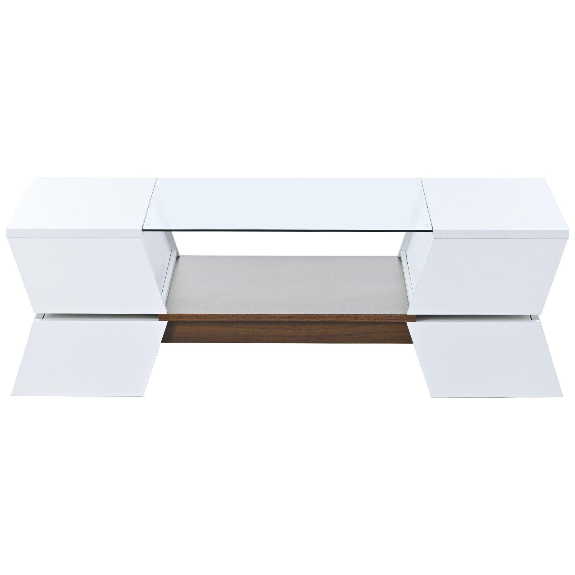 6mm Glass-Top Coffee Table with Open Shelves and Cabinets, Geometric Style Cocktail Table with GreatStorage Capacity,Modernist 2-Tier Center Table for Living Room, White