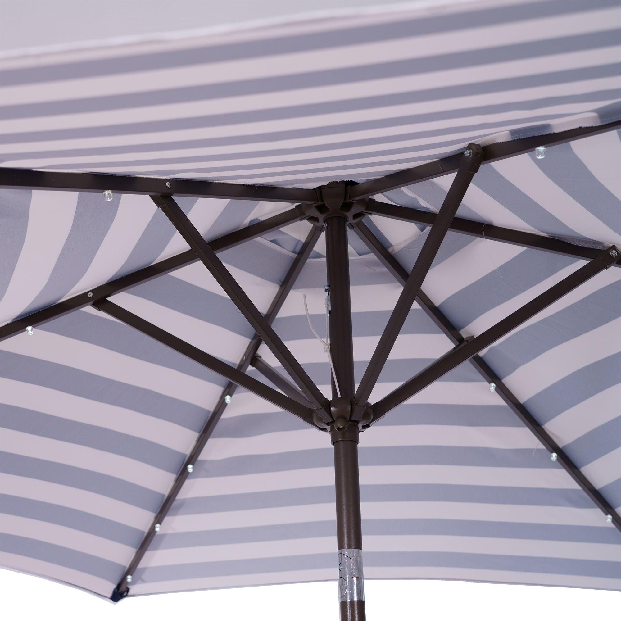 Outdoor Patio 8.7-Feet Market Table Umbrella with Push Button Tilt and Crank, Blue White Stripes With 24 LED Lights[Umbrella Base is not Included]