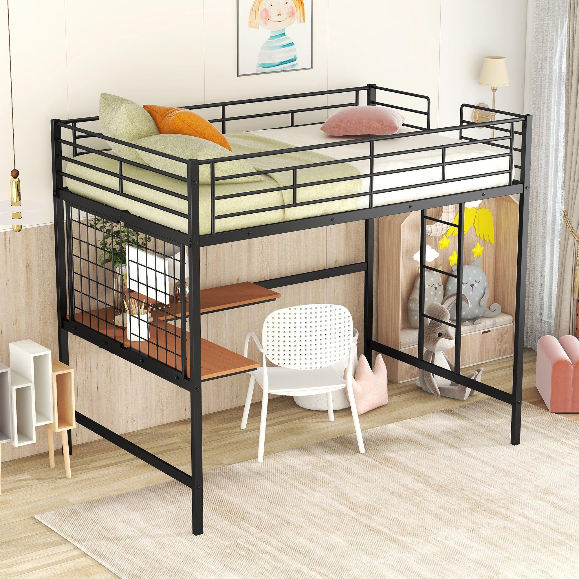 Full Metal Loft Bed with Desk and Metal Grid, Black