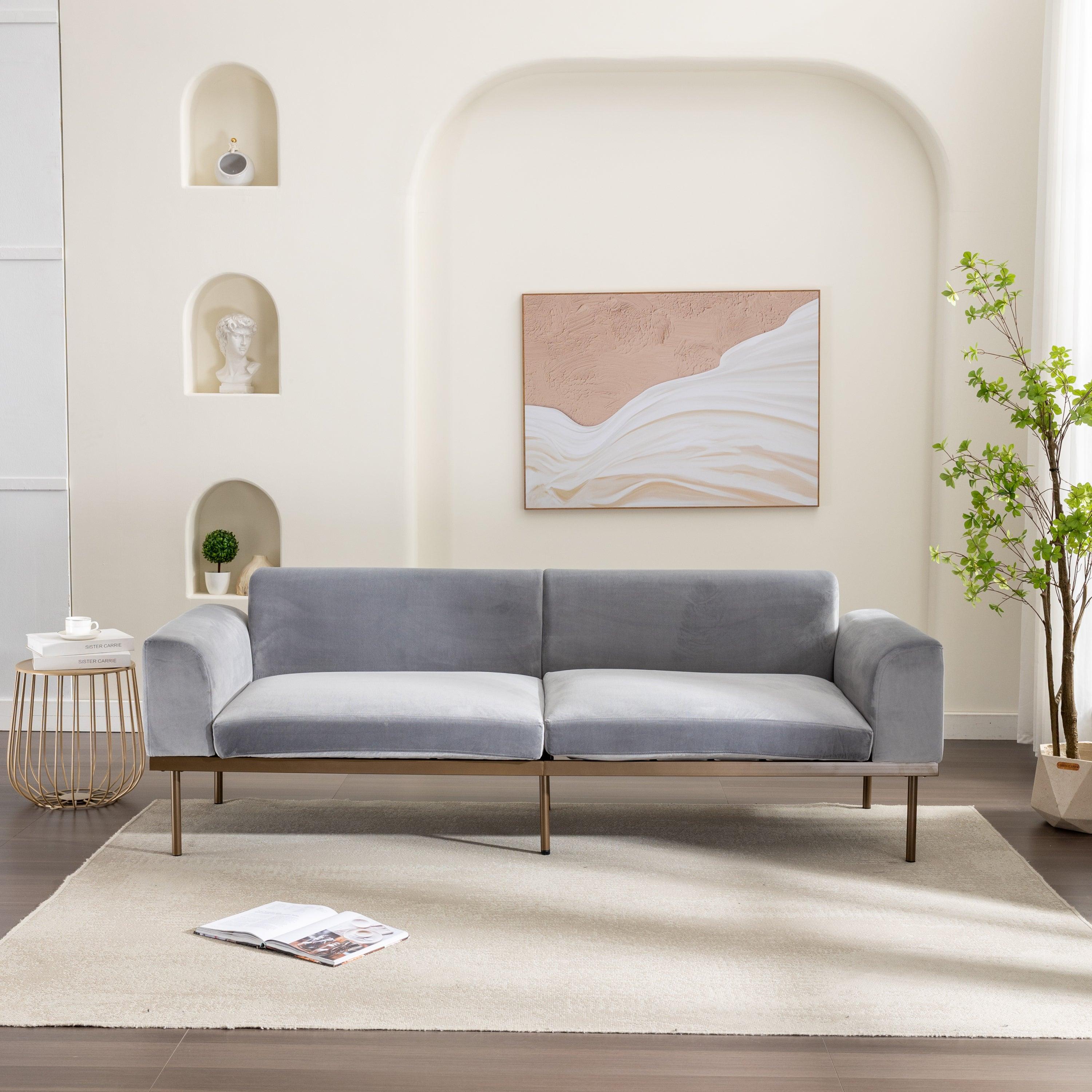 Modern Velvet Sofa with Metal Legs,Loveseat Sofa Couch with Two Pillows for Living Room and Bedroom,Grey