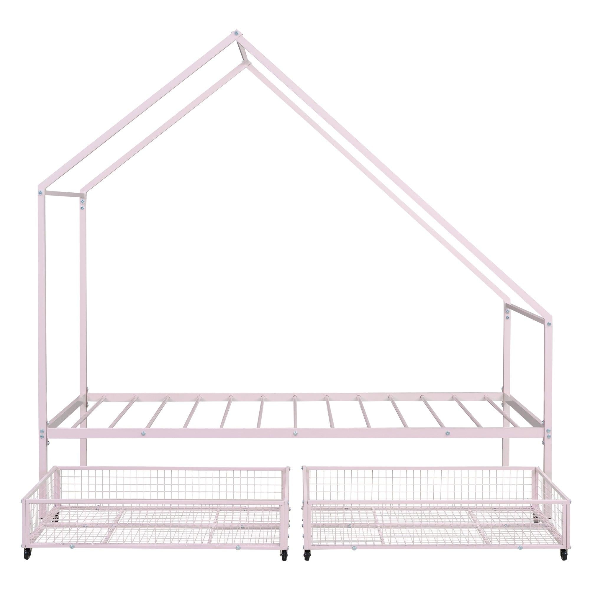 Twin Size Metal House Bed with TwoStorage Drawers, Pink