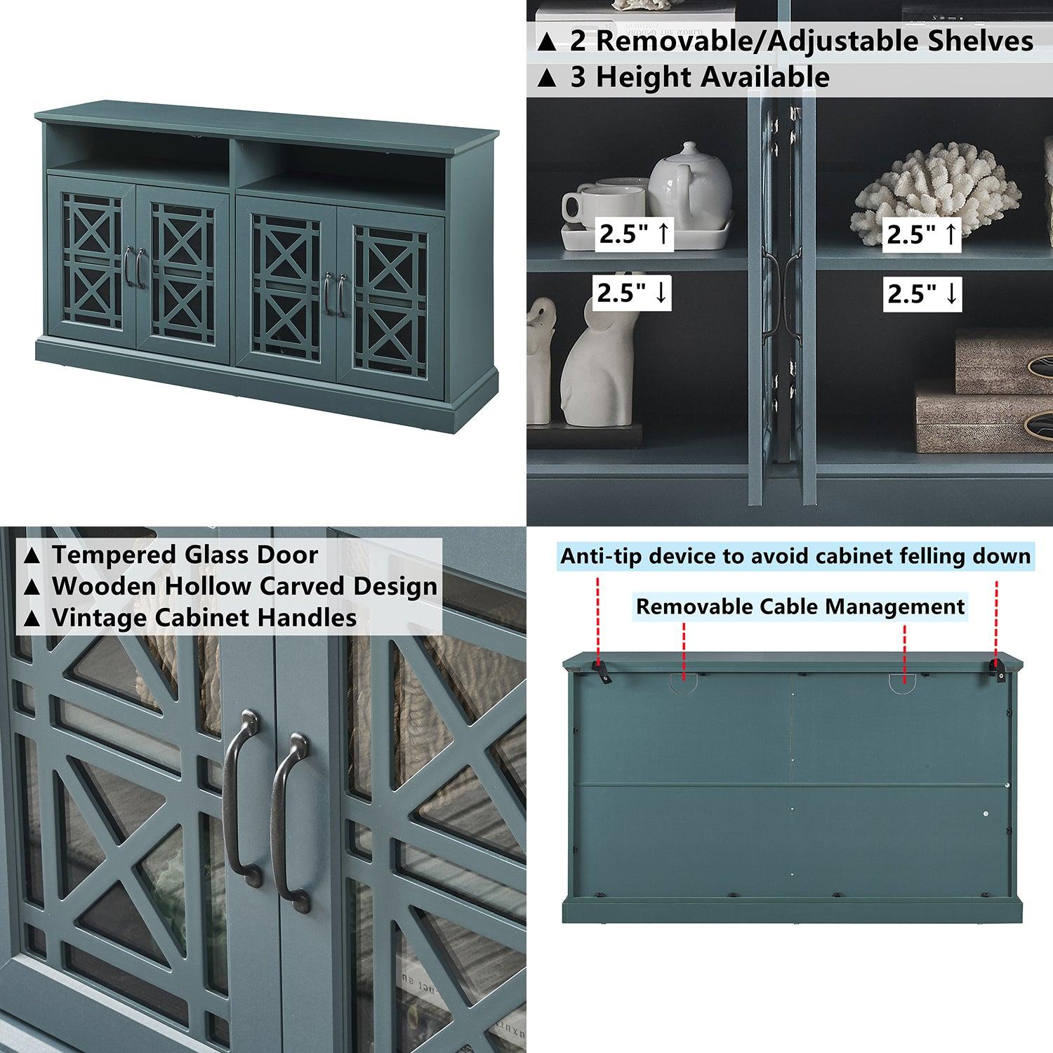 53” Wooden TV Console,Storage Buffet Cabinet, Sideboard with Glass Door and Adjustable Shelves, Console Table for Dining Living Room Cupboard, Dark Teal