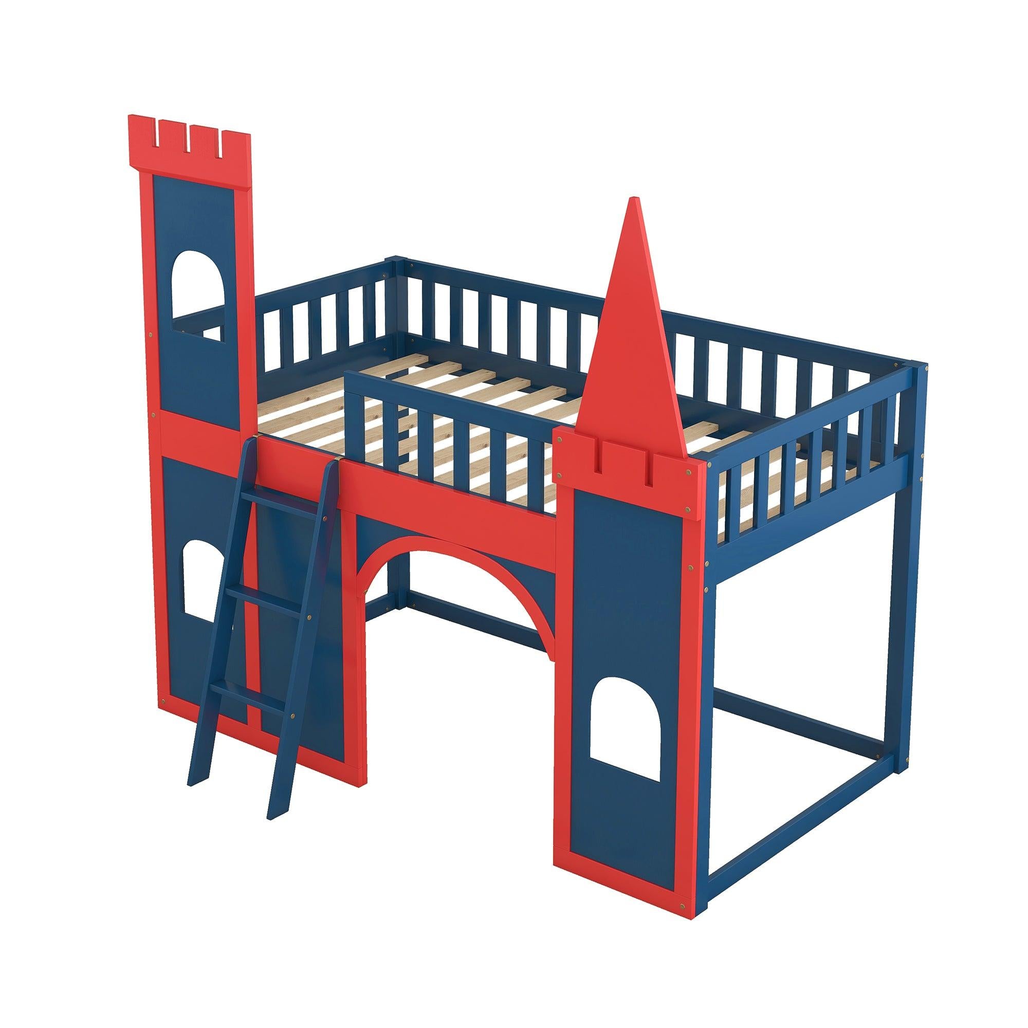 Twin Size Castle Shaped Loft Bed with UnderbedStorage Space,Red