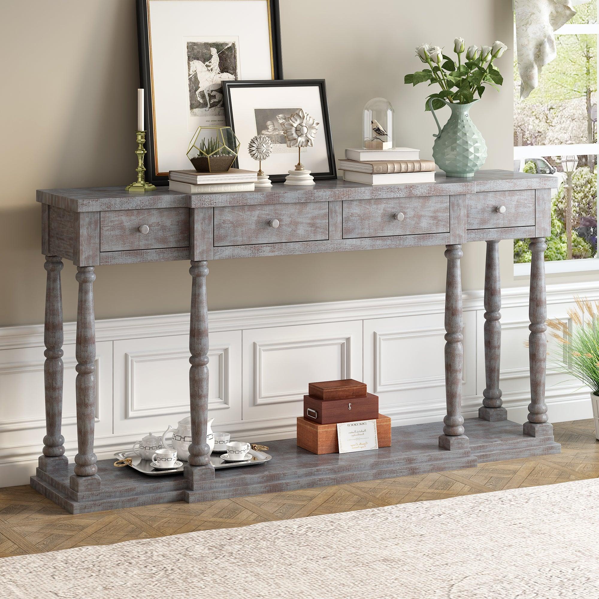 Retro Senior Console Table for Hallway Living Room Bedroom with 4 Front FacingStorage Drawers and 1 Shelf image