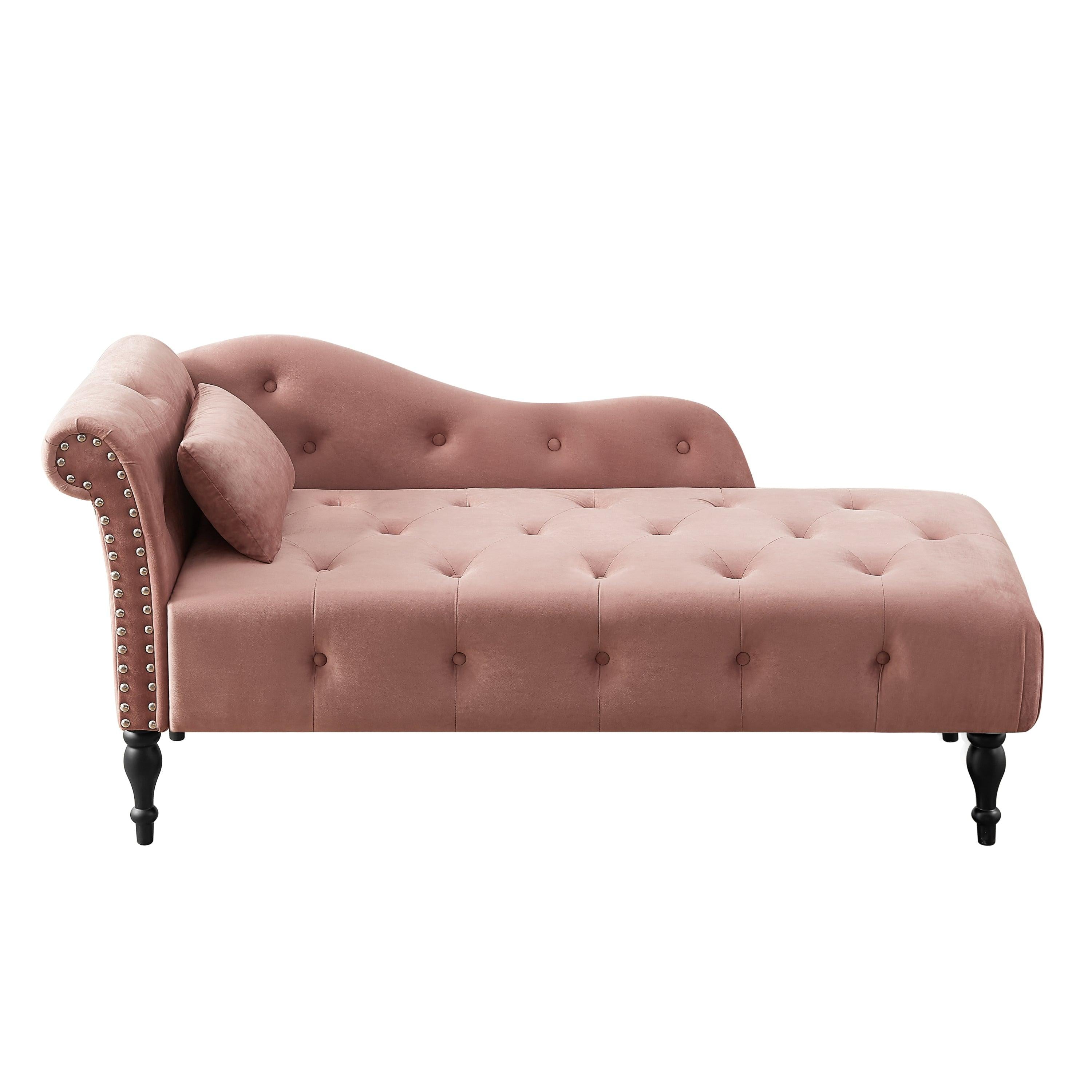 60.6" Velvet Chaise Lounge Buttons Tufted Nailhead Trimmed Solid Wood Legs with 1 Pillow,Rose