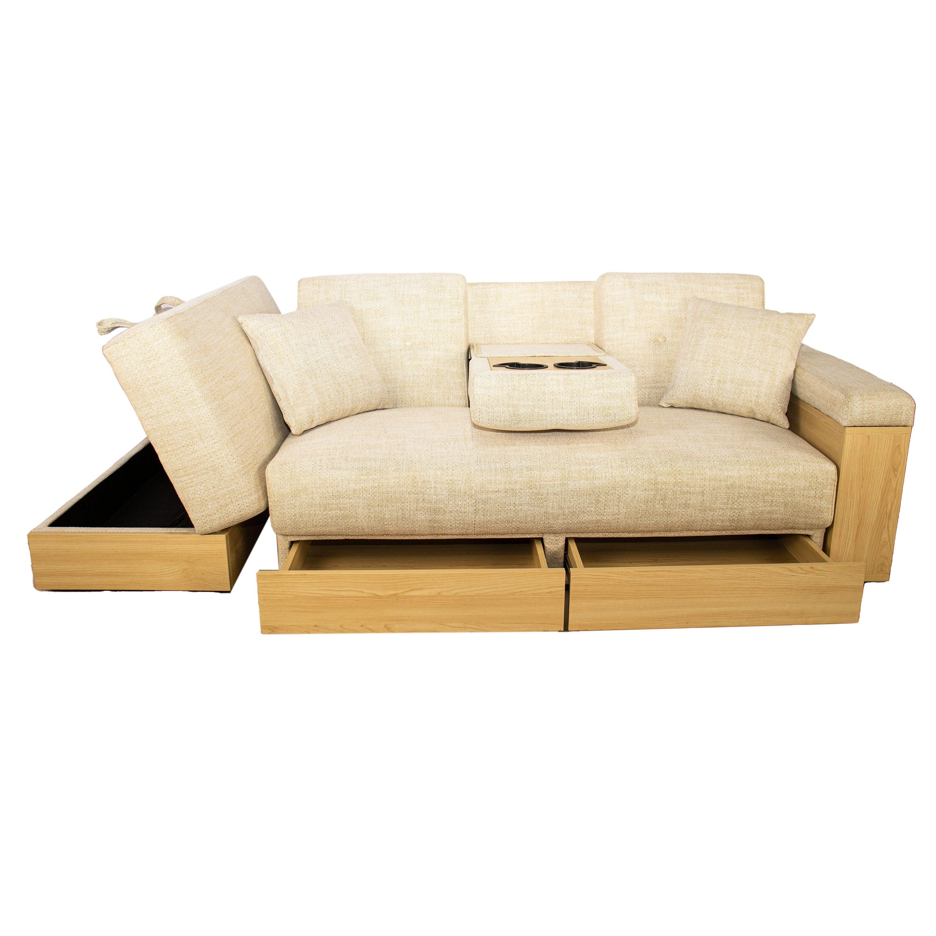 Multi-functional sofa, can sit, lie down, withStorage box and drawer, and theStorage box can be used as tea table and pedal（beige)