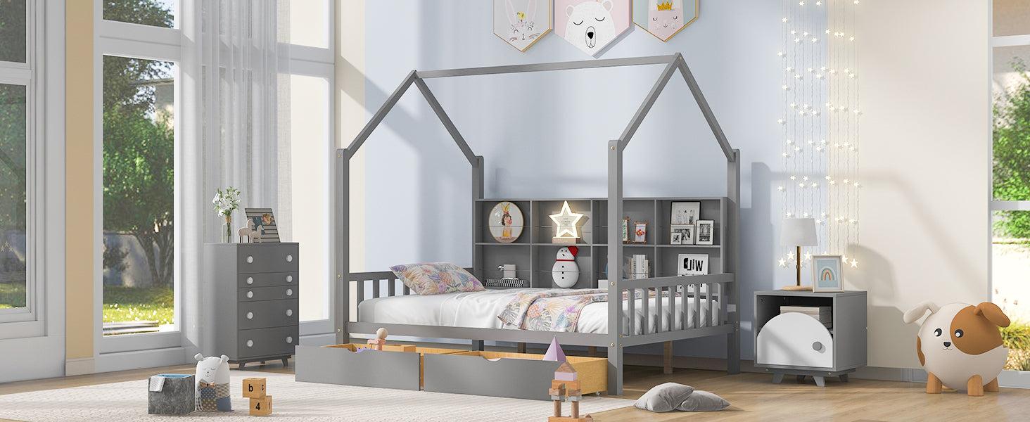 Wooden Full Size House Bed with 2 Drawers,Kids Bed withStorage Shelf, Gray