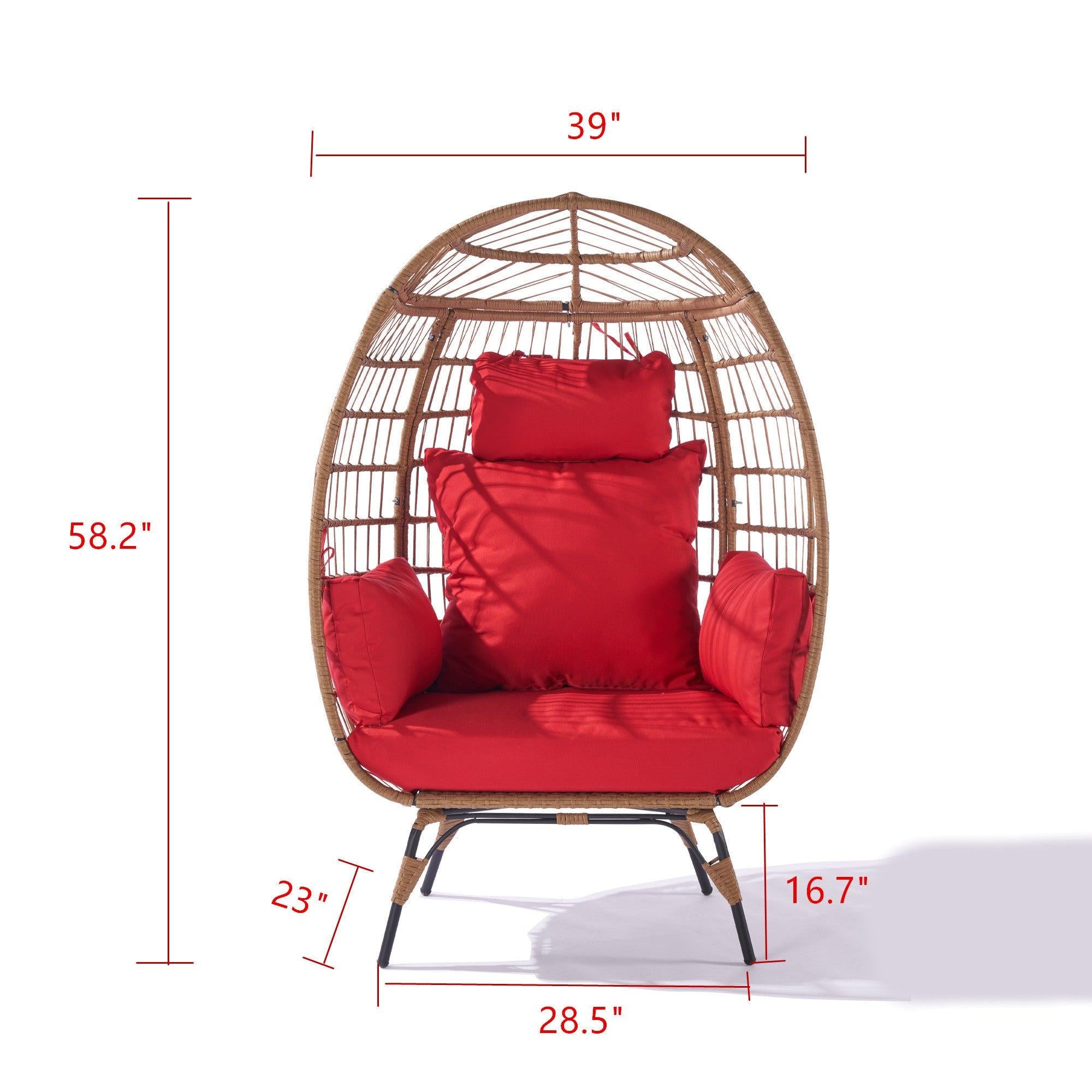 Wicker Egg Chair, Oversized Indoor Outdoor Lounger for Patio, Backyard, Living Room w/ 5 Cushions, Steel Frame, 440lb Capacity - Red