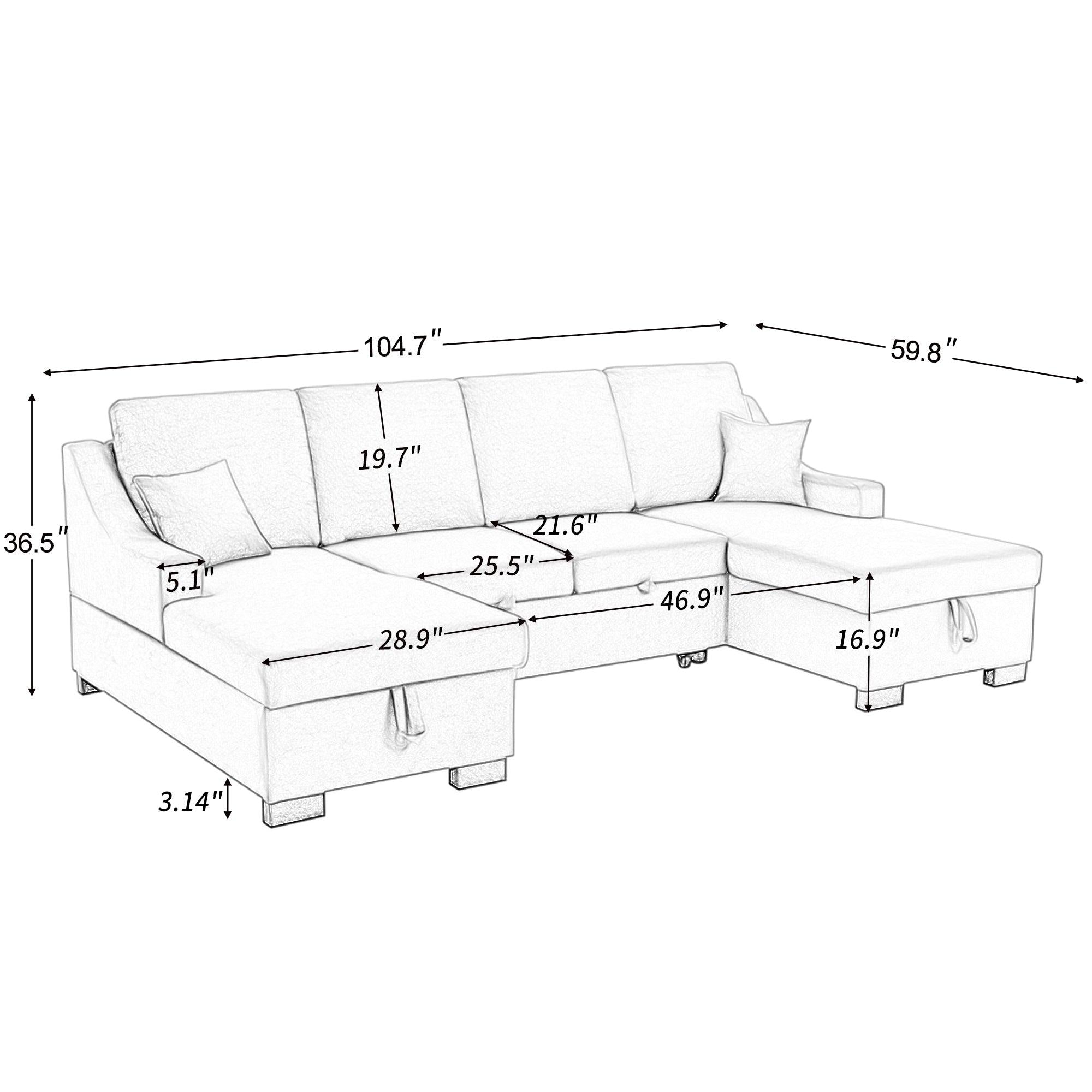 Upholstery Sleeper Sectional Sofa with DoubleStorage Spaces, 2 Tossing Cushions, Grey