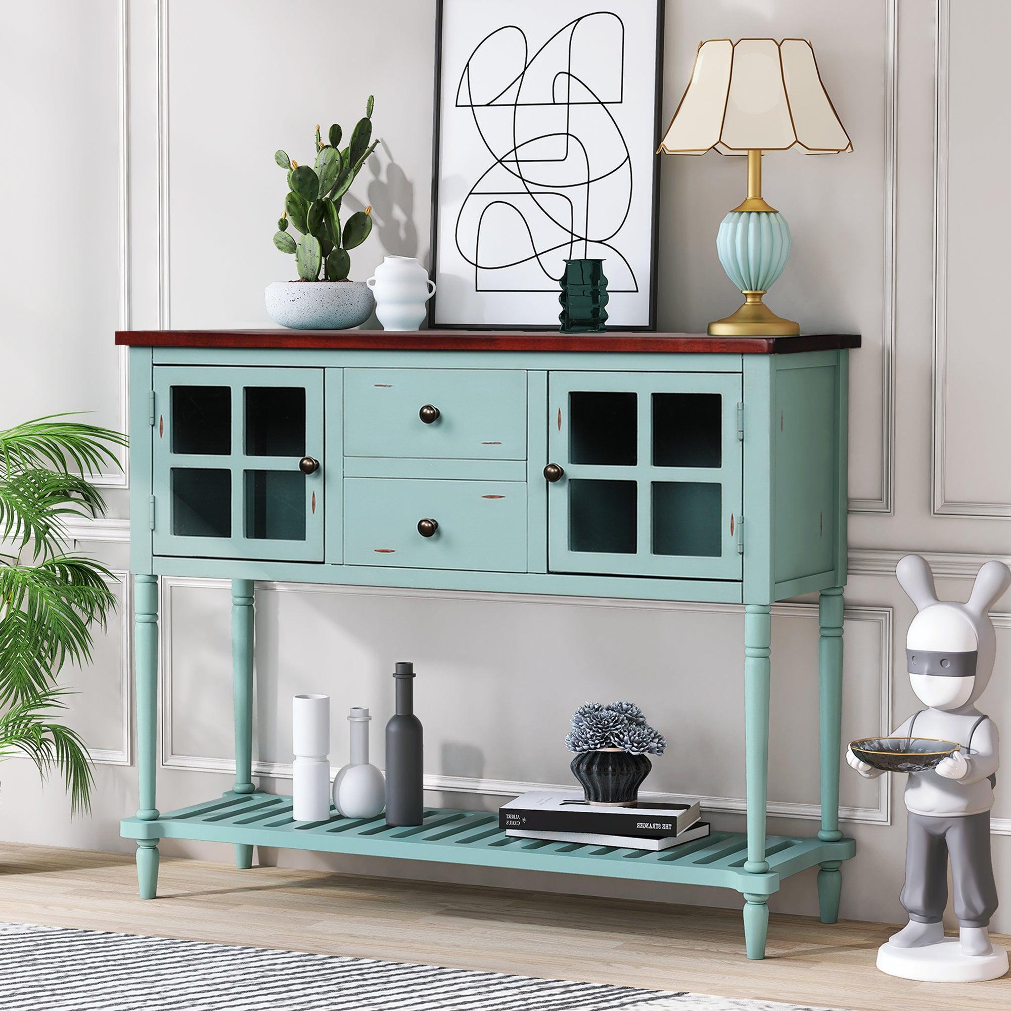 Sideboard Console Table with Bottom Shelf, Farmhouse Wood/Glass BuffetStorage Cabinet Living Room (Retro Blue)