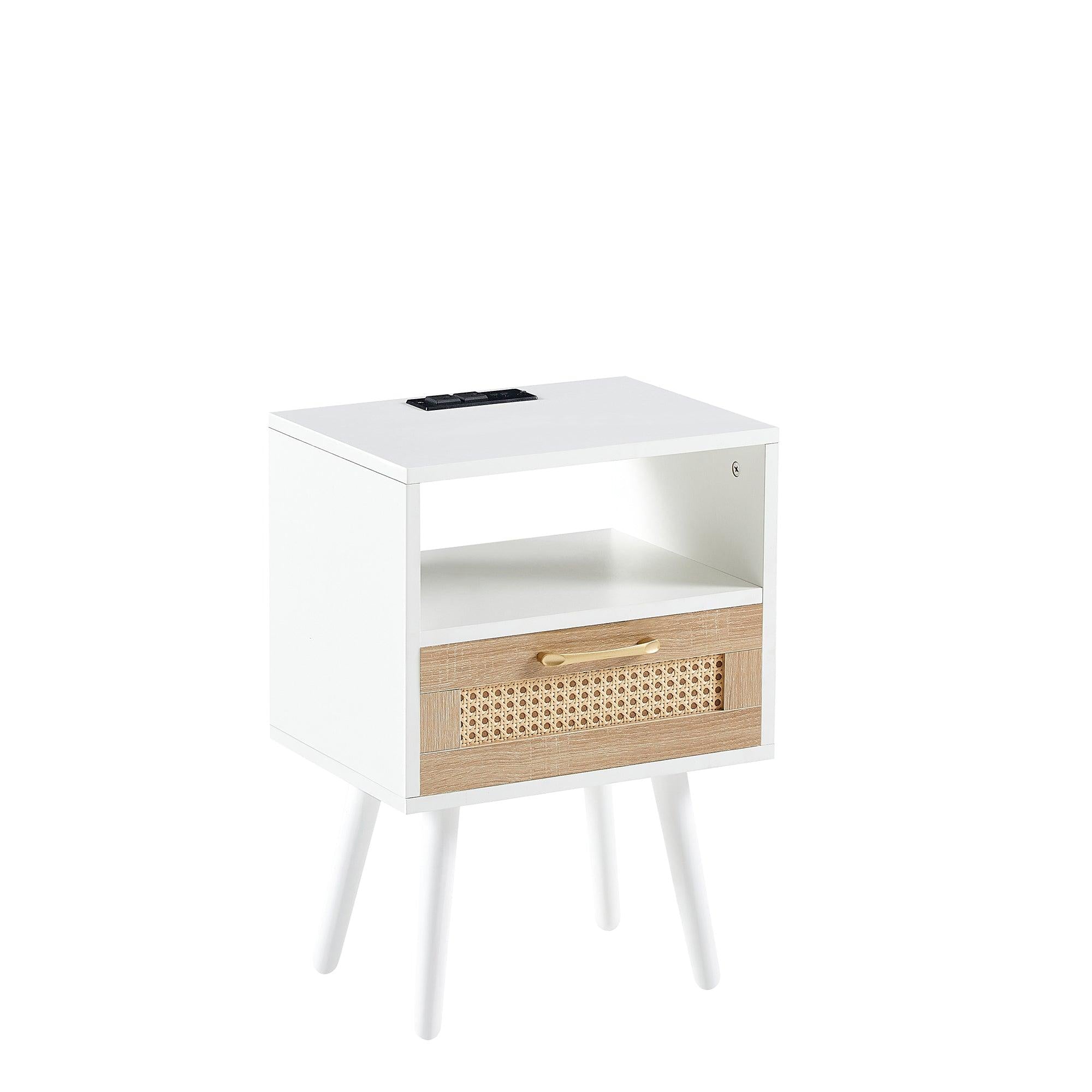 15.75" Rattan End table with Power Outlet  & USB Ports ,Modern nightstand with drawer and solid wood legs, side table for living roon, bedroom, white